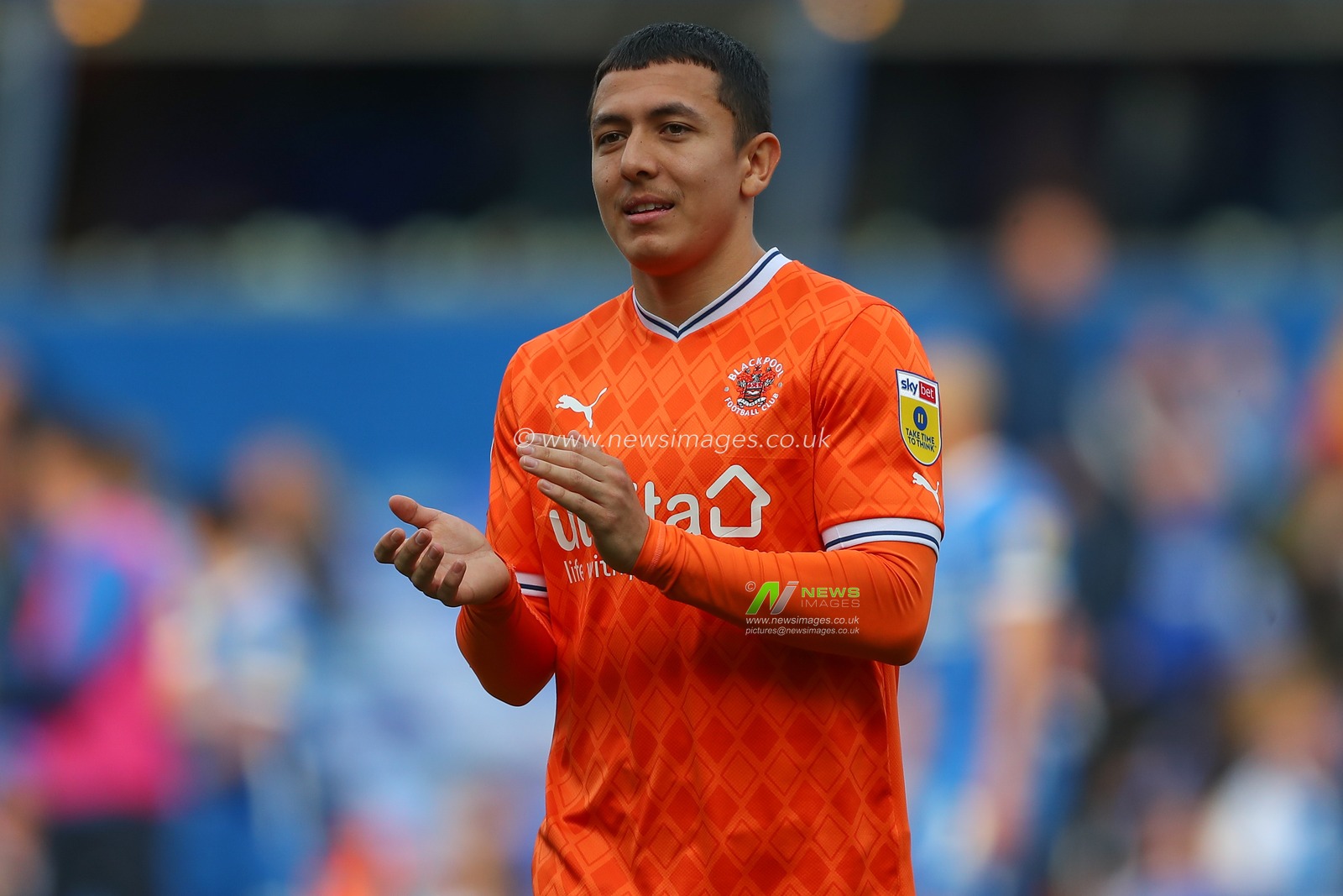 Ian Poveda #26 of Blackpool applauds the travelling fans after the Sky Bet Championship match Birmingham City vs Blackpool at St Andrews, Birmingham, United Kingdom, 22nd April 2023

(Photo by Gareth Evans/News Images)
