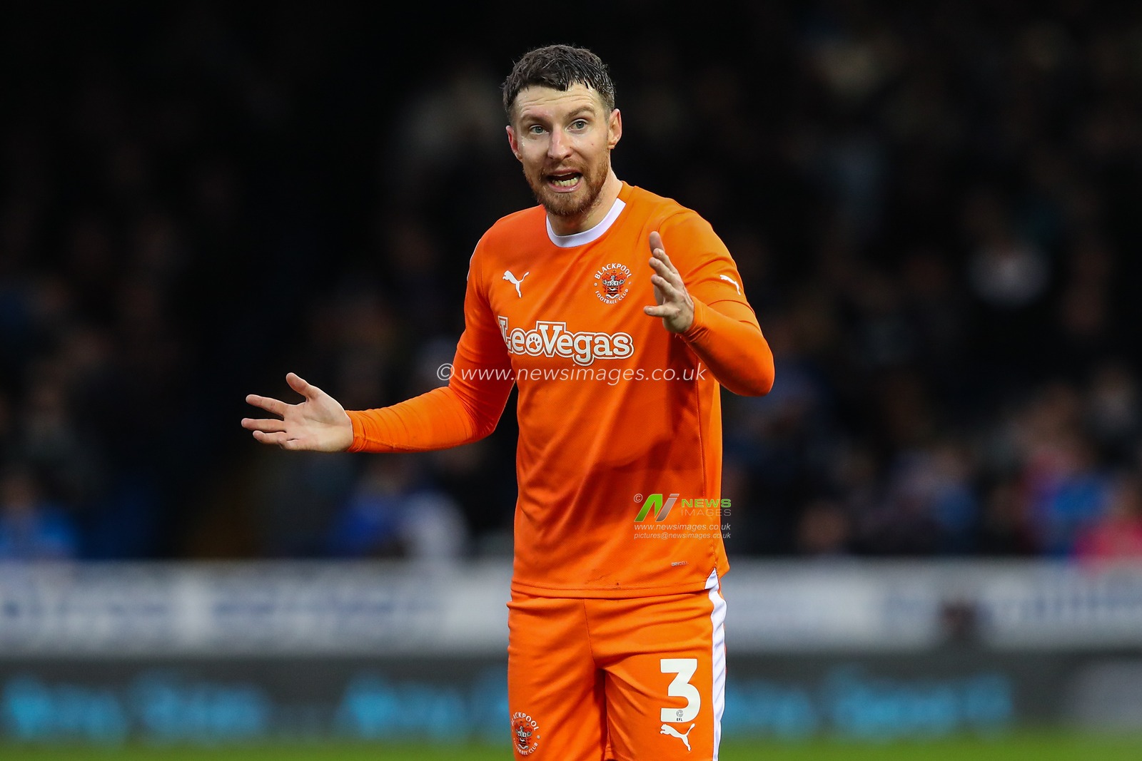 James Husband of Blackpool gives his teammates instructions during the Sky Bet League 1 match Peterborough United vs Blackpool at Weston Homes Stadium, Peterborough, United Kingdom, 17th February 2024

(Photo by Gareth Evans/News Images)