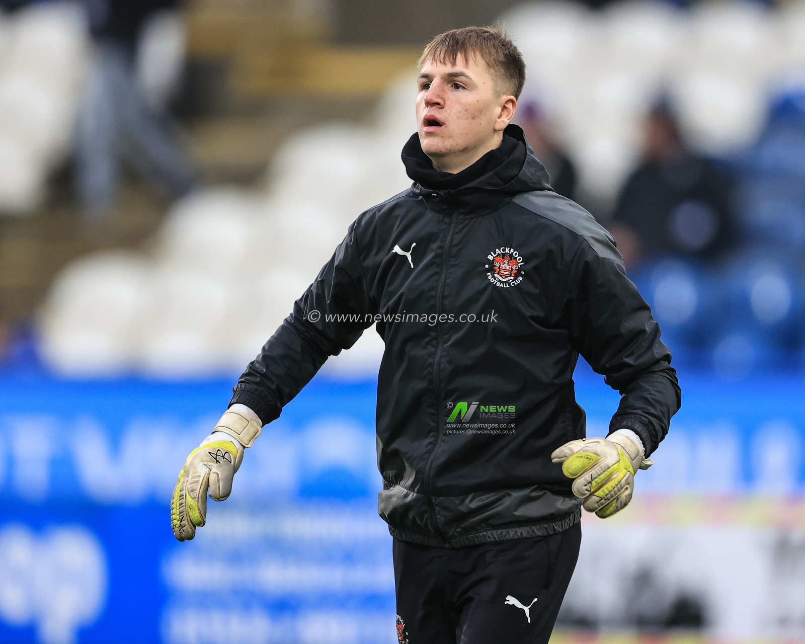 Charlie Monks of Blackpool during the pre-game warmup