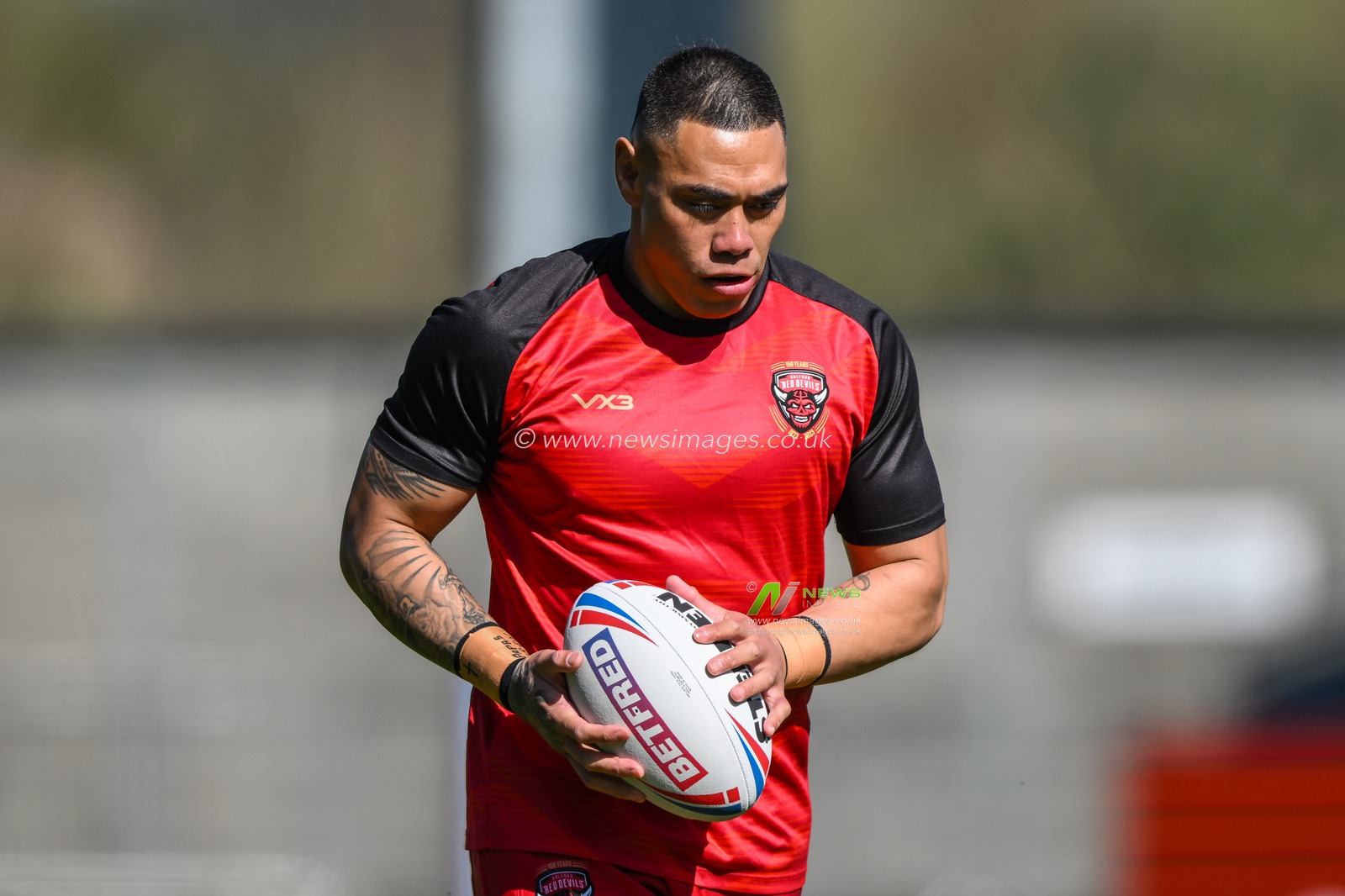 Ken Sio #2 of Salford Red Devils during pre match warm up ahead of the Betfred Super League Round 7 match Salford Red Devils vs Huddersfield Giants at AJ Bell Stadium, Eccles, United Kingdom, 2nd April 2023

(Photo by Craig Thomas/News Images)