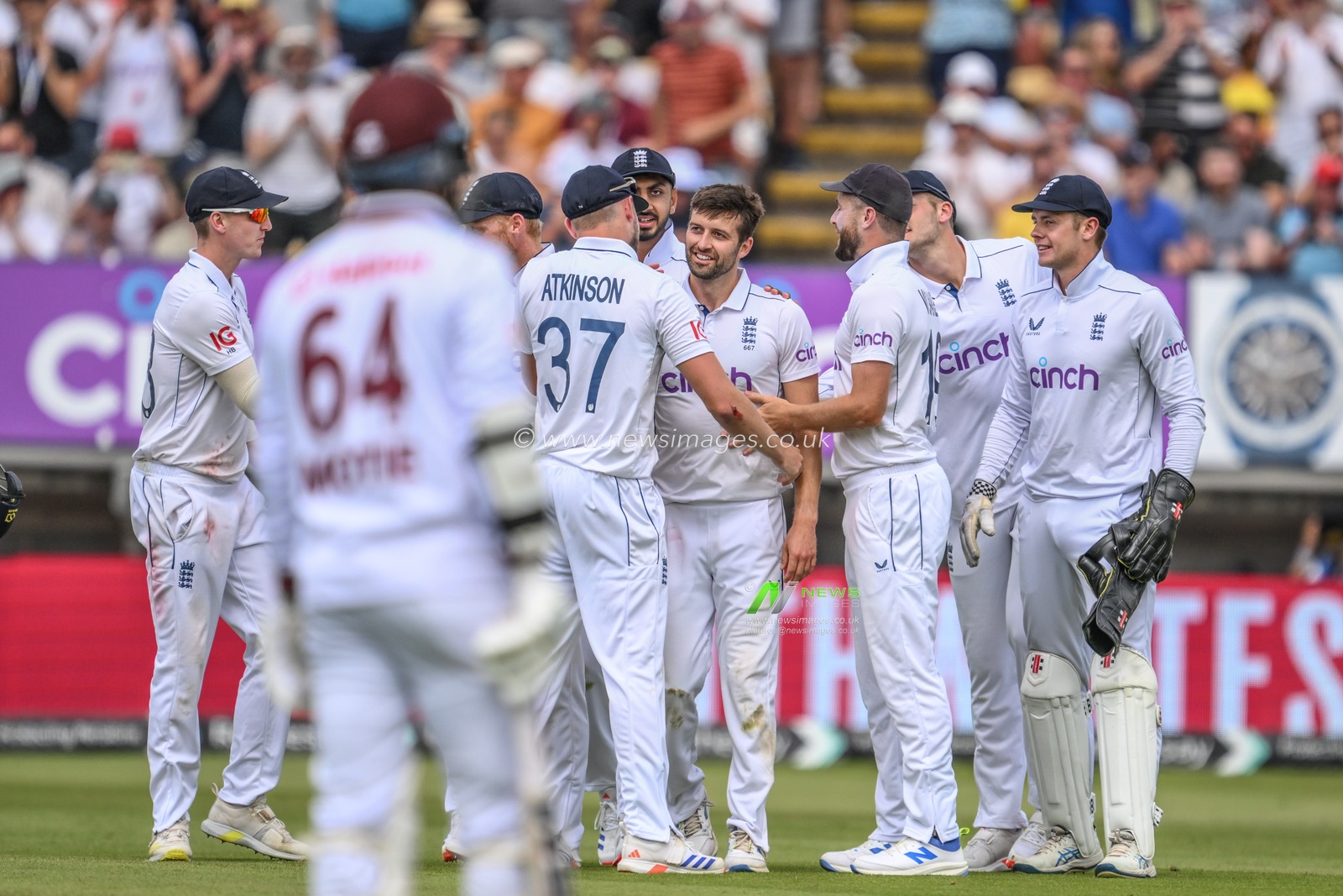 Mark Wood of England celebrates the wicket of Shamar Joseph of West Indies during the 3rd Rothesay Test Match Day 3 England vs West Indies at Edgbaston, Birmingham, United Kingdom, 28th July 2024

(Photo by Craig Thomas/News Images)