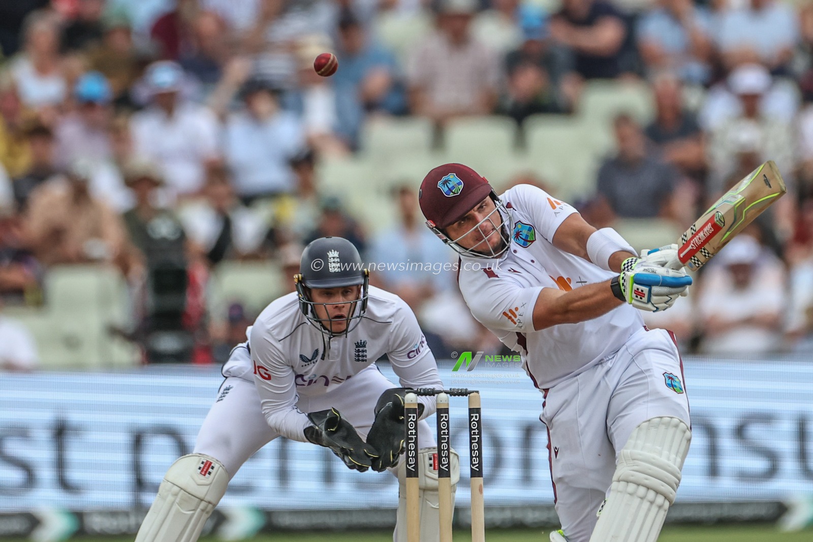 Joshua Da Silva of West Indies hits the ball high but drops safe during the 3rd Rothesay Test Match Day One match England vs West Indies at Edgbaston, Birmingham, United Kingdom, 26th July 2024

(Photo by Mark Cosgrove/News Images)