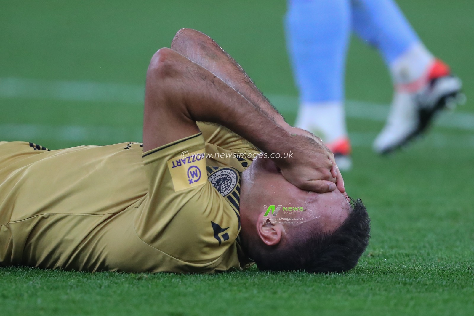 Stipe Radic #15 of HSK Zrinjski Mostar goes down injured during the UEFA Europa Conference League match Aston Villa vs HÅ K Zrinjski Mostar at Villa Park, Birmingham, United Kingdom, 5th October 2023

(Photo by Gareth Evans/News Images)