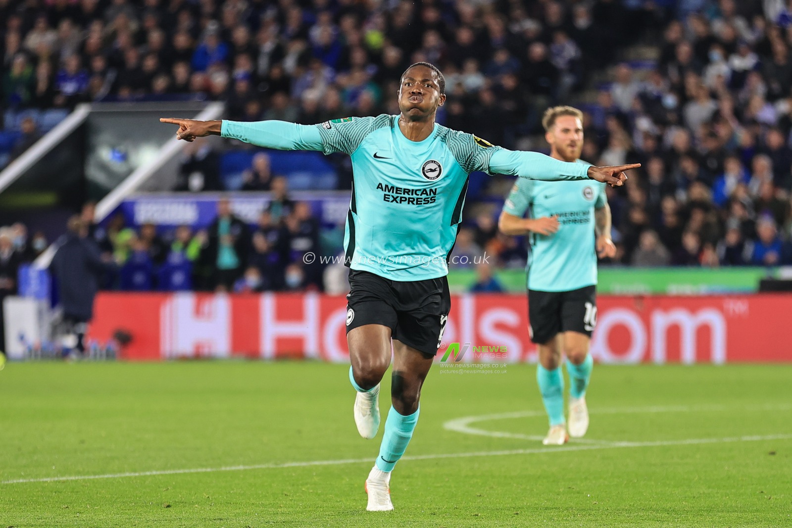 Enock Mwepu #12 of Brighton & Hove Albion celebrates his goal to make it 2-2