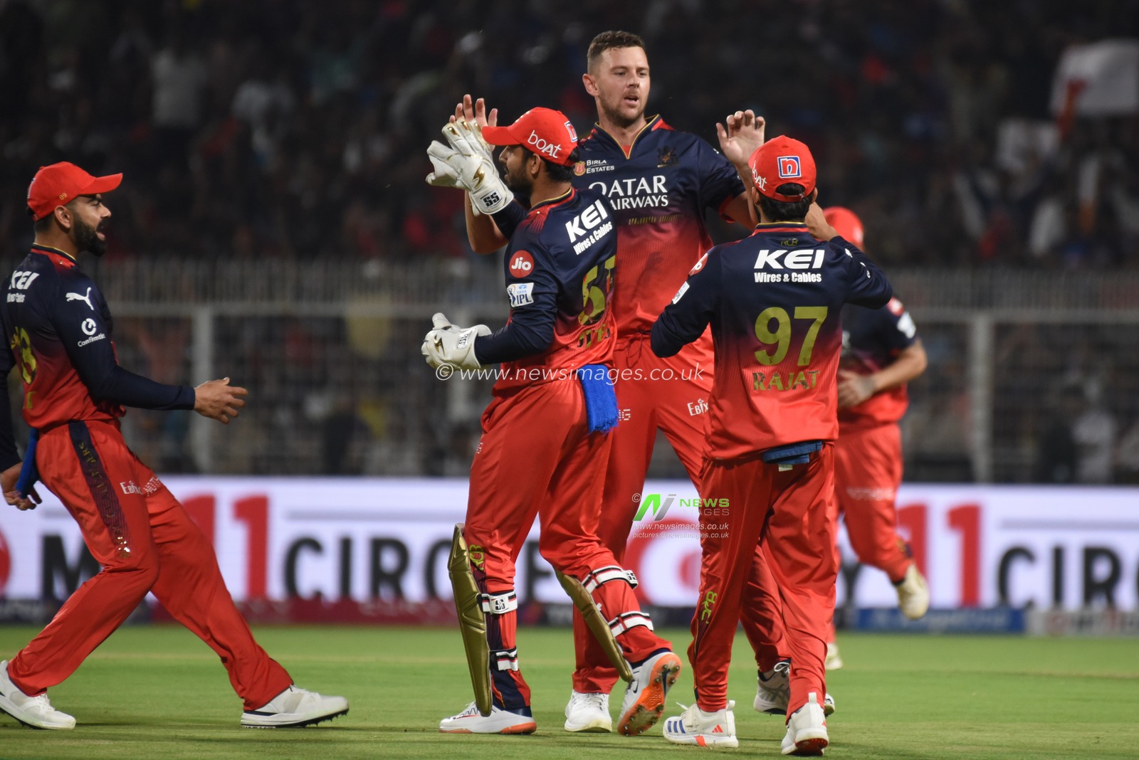 Royal Challengers Bengaluru's Josh Hazlewood, Center, celebrates with teammates Virat,Left after the dismissal of Kolkata Knight Riders' Quinton de Kock during the Indian Premier League cricket match between Kolkata Knight Riders and Royal Challengers Bengaluru at Eden Gardens in Kolkata, India, Saturday, March 22, 2025.Pictures by Debajyoti Chakraborty.(Photo: Debajyoti Chakraborty/News Images)