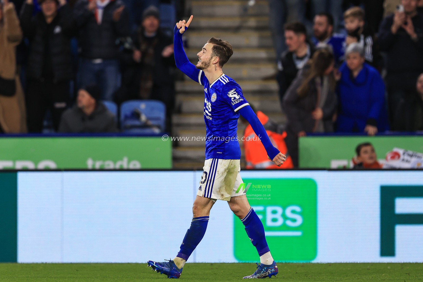 James Maddison #10 of Leicester City celebrates his goal to make it 4-0