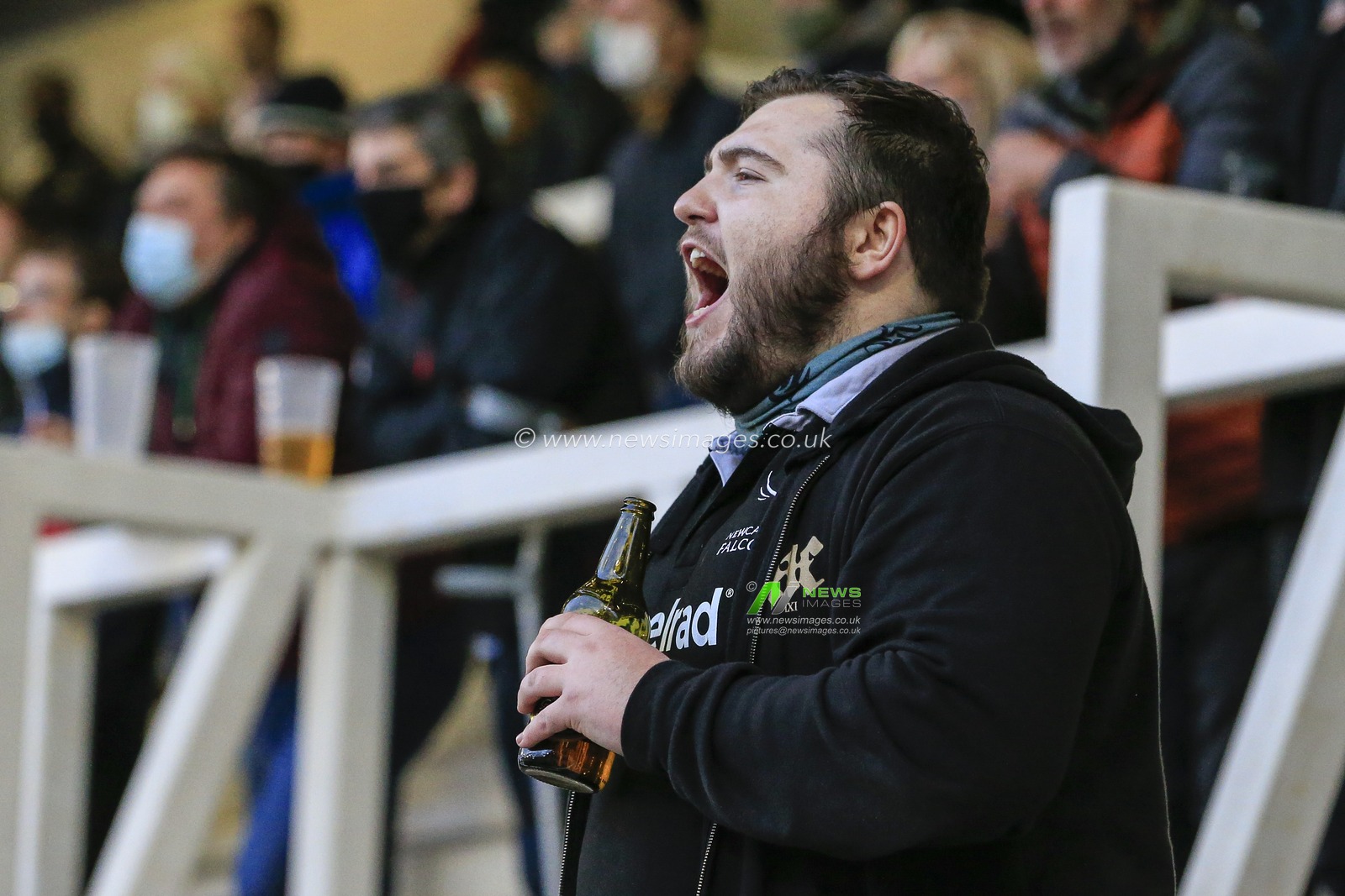 A fan cheers from the stands as 1750 people were allowed into Kingston Park Stadium to watch the Gallagher Premiership match between Newcastle Falcons and Northampton Saints