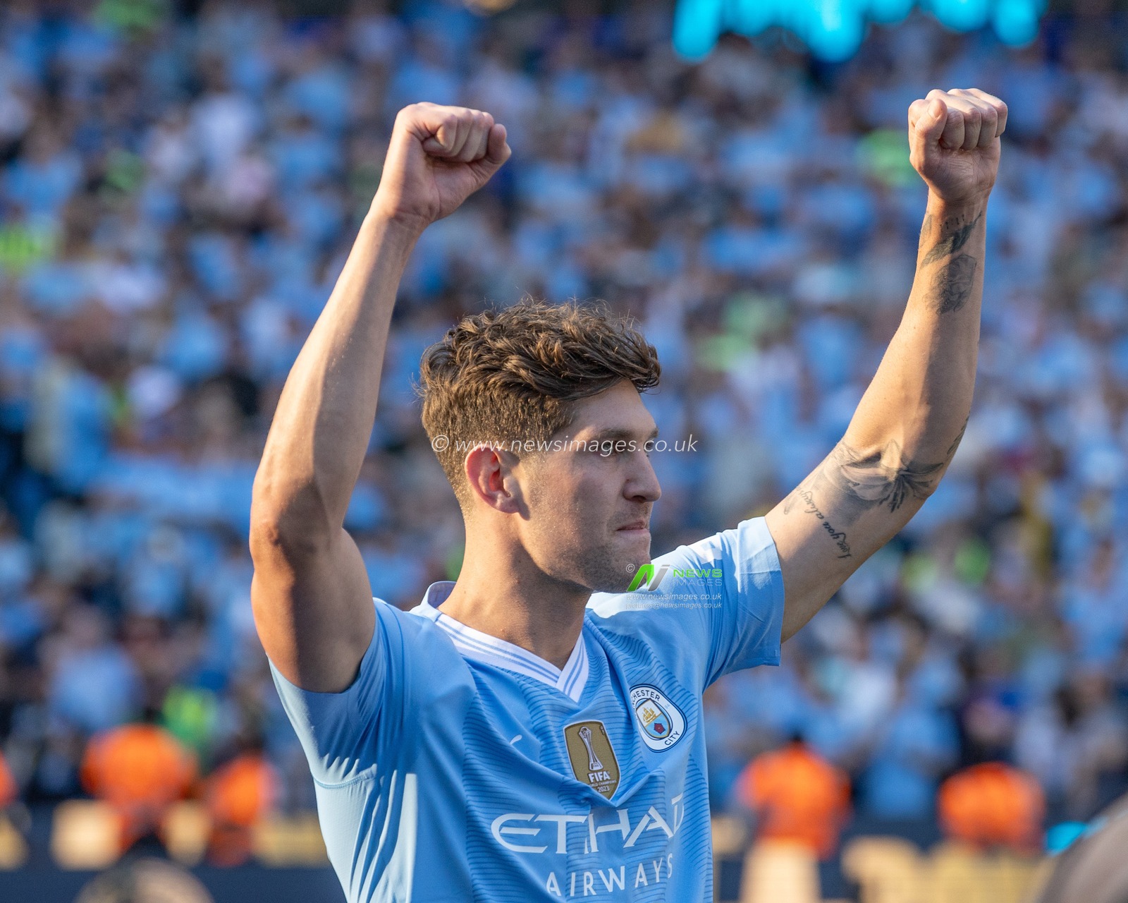 John Stones of Manchester City celebrates winning the Premier League during the Premier League match Manchester City vs West Ham United at Etihad Stadium, Manchester, United Kingdom, 19th May 2024

(Photo by Mark Cosgrove/News Images)