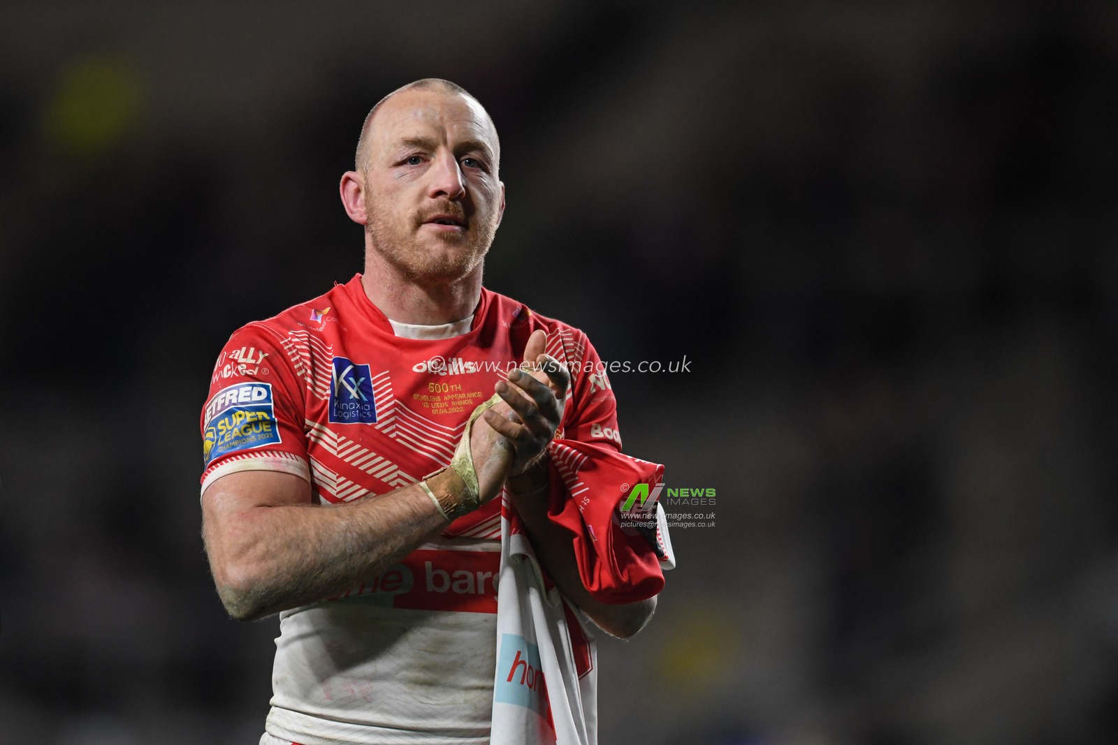 James Roby #9 of St Helens applauds the travelling supporters at the end of the game after his side beat Leeds Rhinos 0-26 on his 500th appearance as a player