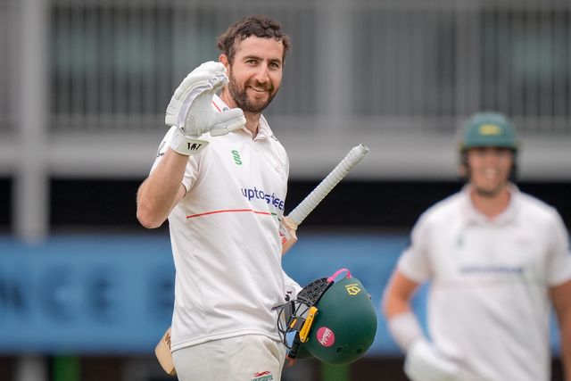 Stephen Eskinazi celebrates scoring his 100 as he reaches a century during the County Championship Division One day 3 Leicestershire vs Nottinghamshire at Grace Road, Leicester, United Kingdom on 03 May 2026

(Photo by Maynard Manyowa/News Images)