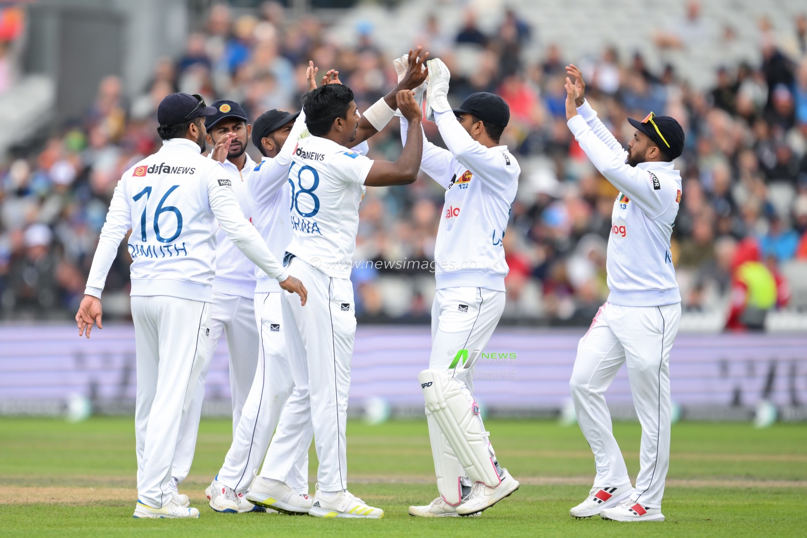 Vishwa Fernando of Sri Lanka celebrates taking the wicket of Dan Lawrence of England during the England Men v Sri Lanka 1st Rothesay Test Match Day 2 at Old Trafford, Manchester, United Kingdom, 22nd August 2024

(Photo by Craig Thomas/News Images)