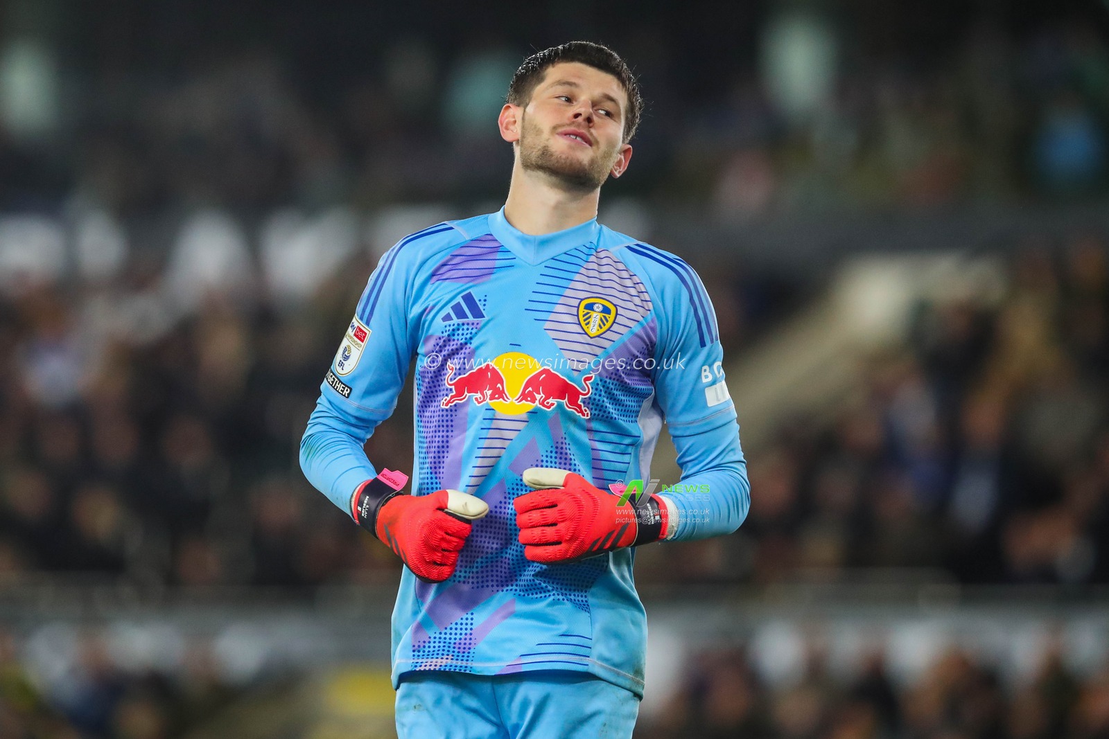 Illan Meslier of Leeds United reacts during the Sky Bet Championship match Norwich City vs Leeds United at Carrow Road, Norwich, United Kingdom, 1st October 2024

(Photo by Izzy Poles/News Images)