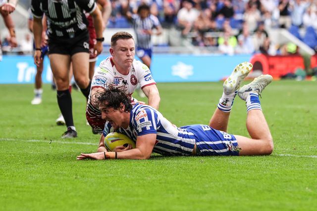 Jake Davies of St Helens goes over for a try during the Betfred Super League Magic Weekend match Wigan Warriors vs St Helens at Hill Dickinson Stadium, Liverpool, United Kingdom on 05 July 2026

(Photo by Alfie Cosgrove/News Images)