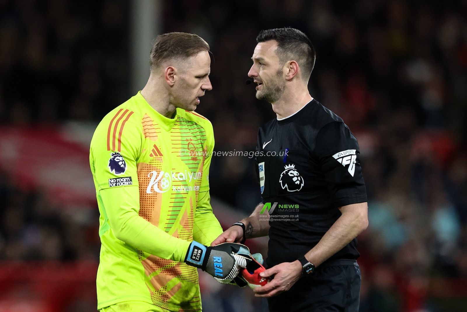 Matz Sels of Nottingham Forest give referee Andy Madley  Mikel Merino of Arsenalâ€™s boot during the Premier League match Nottingham Forest vs Arsenal at City Ground, Nottingham, United Kingdom, 26th February 2025

(Photo by Alfie Cosgrove/News Images)