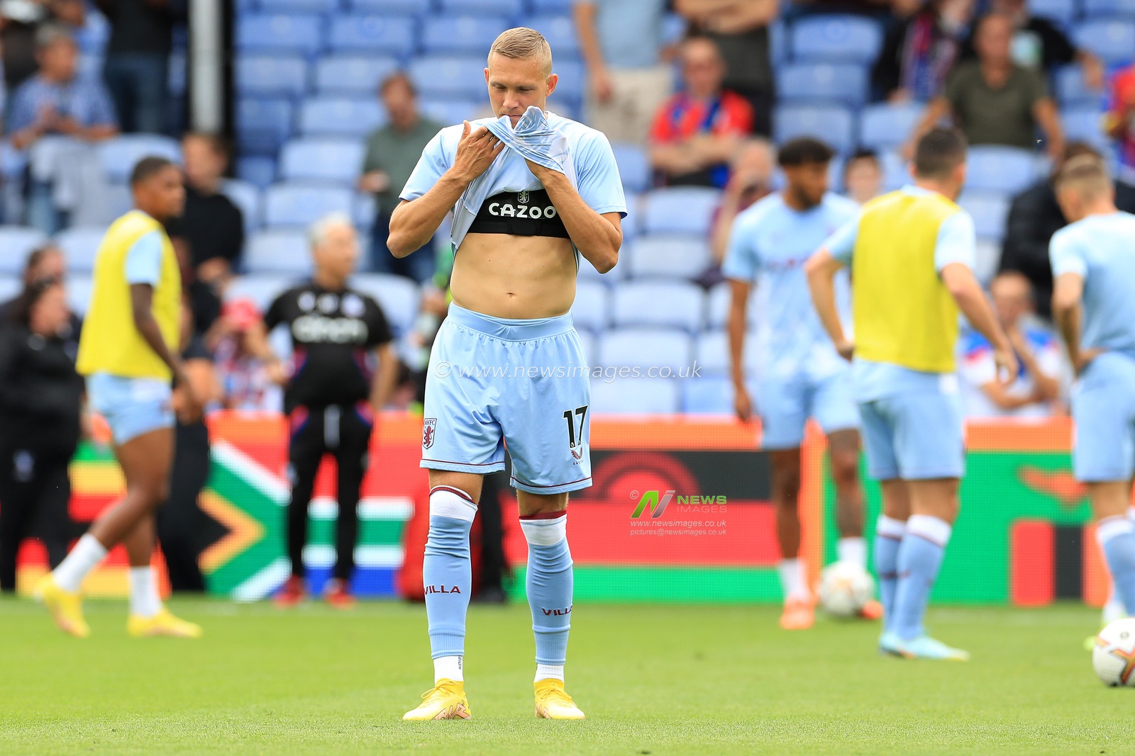 Ludwig Augustinsson of Aston Villa warms up prior to kick off.