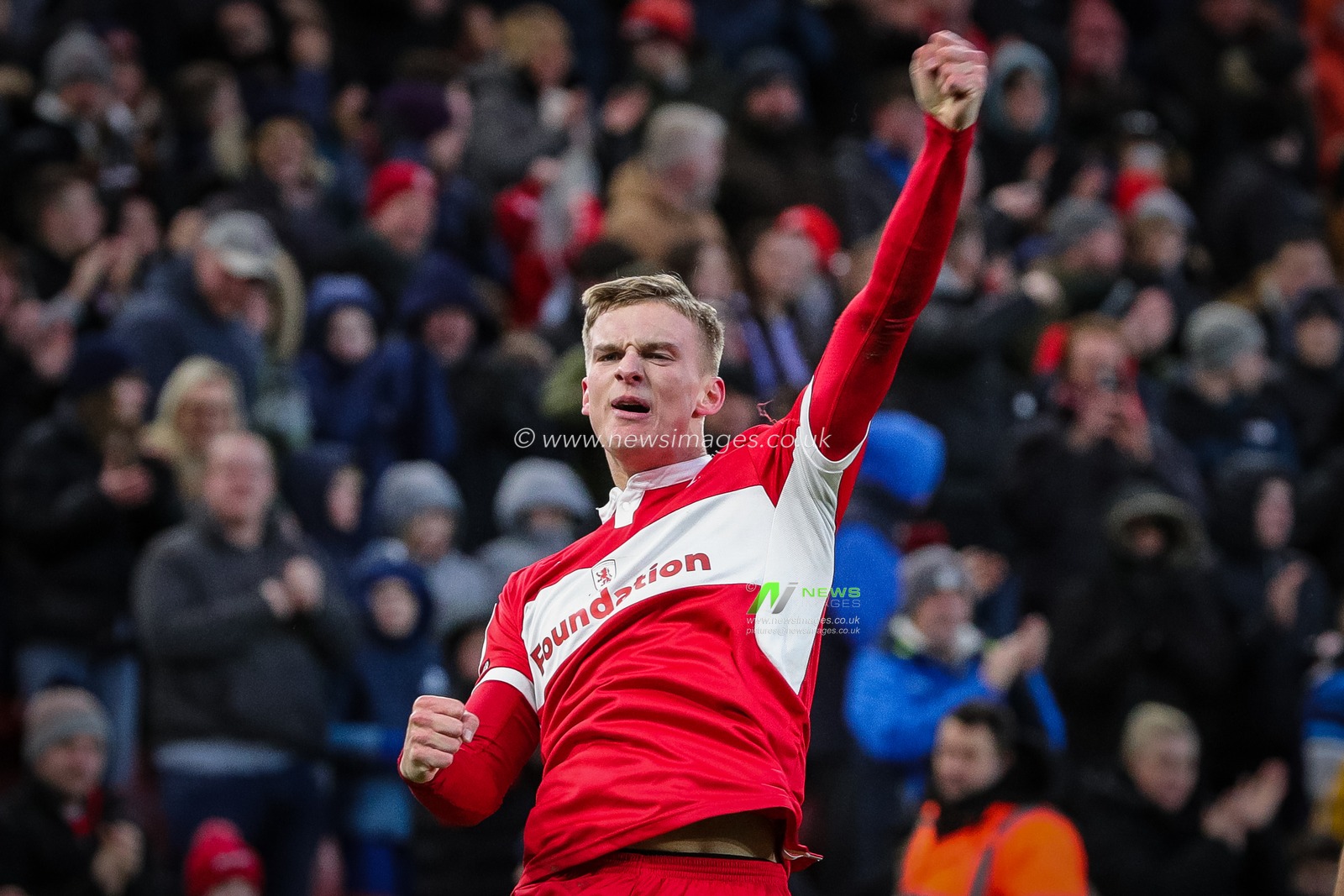 Marcus Forss #21 of Middlesbrough pumps his fist to the supporters and celebrates his goal making the score 1-0 during the Sky Bet Championship match Middlesbrough vs Millwall at Riverside Stadium, Middlesbrough, United Kingdom, 14th January 2023

(Photo by James Heaton/News Images)