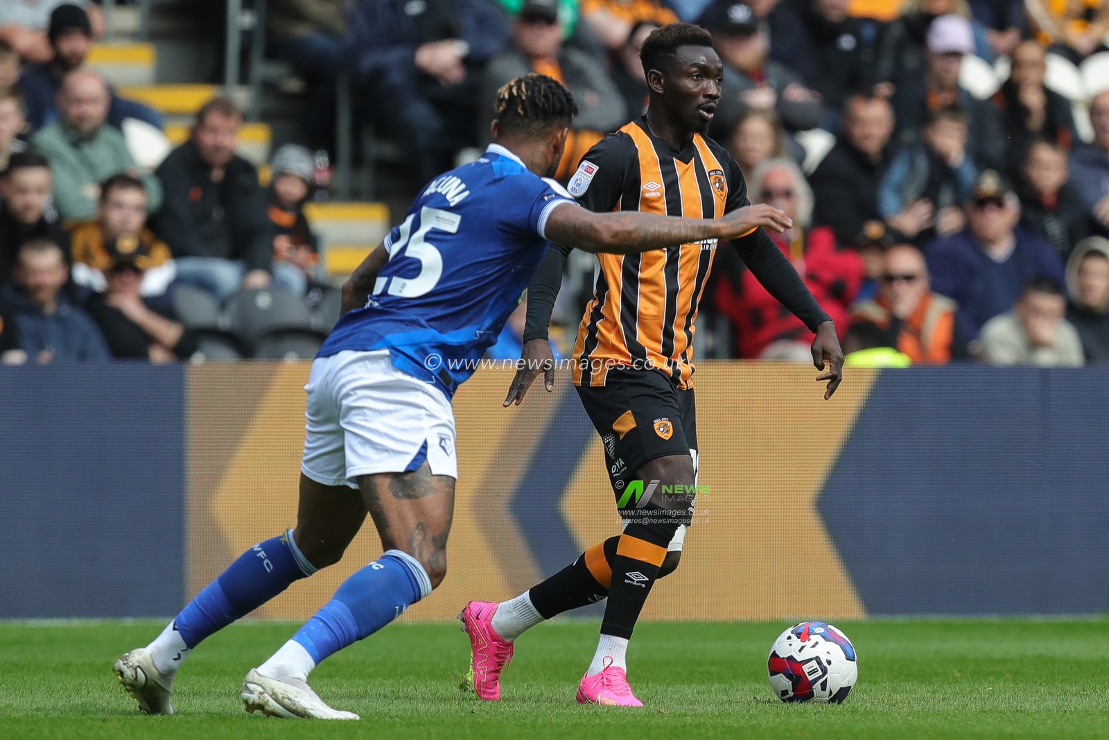 Adama TraorÃ© #18 of Hull City in action during the Sky Bet Championship match Hull City vs Watford at MKM Stadium, Hull, United Kingdom, 22nd April 2023

(Photo by James Heaton/News Images)