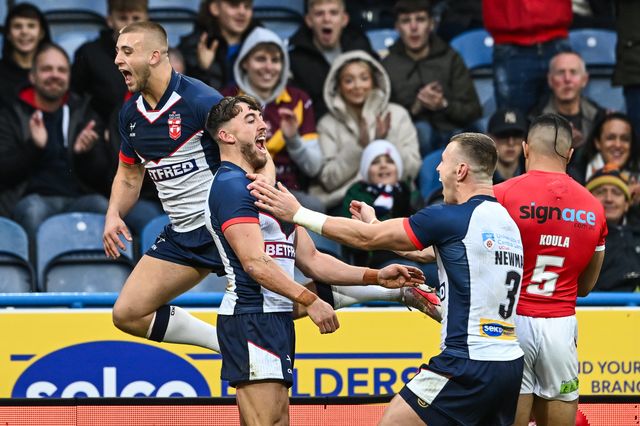 Matty Ashton of England celebrates his try during the Rugby League International match England vs Tonga at John Smith's Stadium, Huddersfield, United Kingdom, 28th October 2023

(Photo by Craig Thomas/News Images)