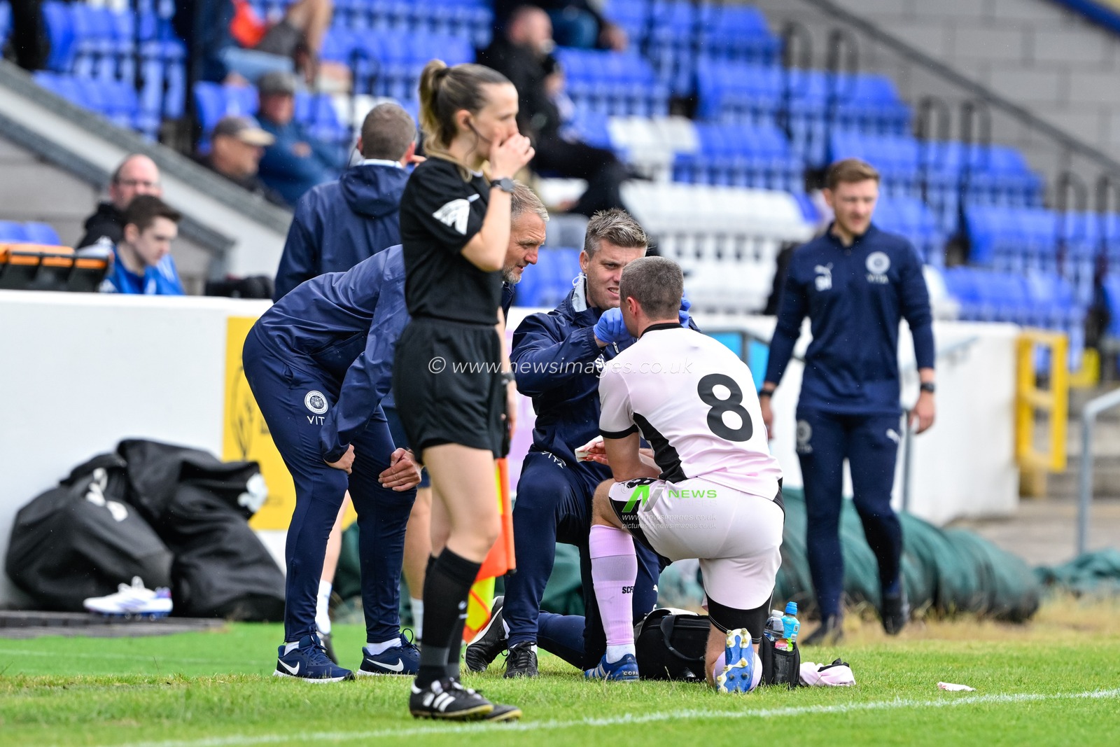 Jordan Rossiter of Stockport County has medical attention for a cut on face during the Pre-season friendly match Chester vs Stockport County at Deva Stadium, Chester, United Kingdom, 6th July 2024

(Photo by Cody Froggatt/News Images)