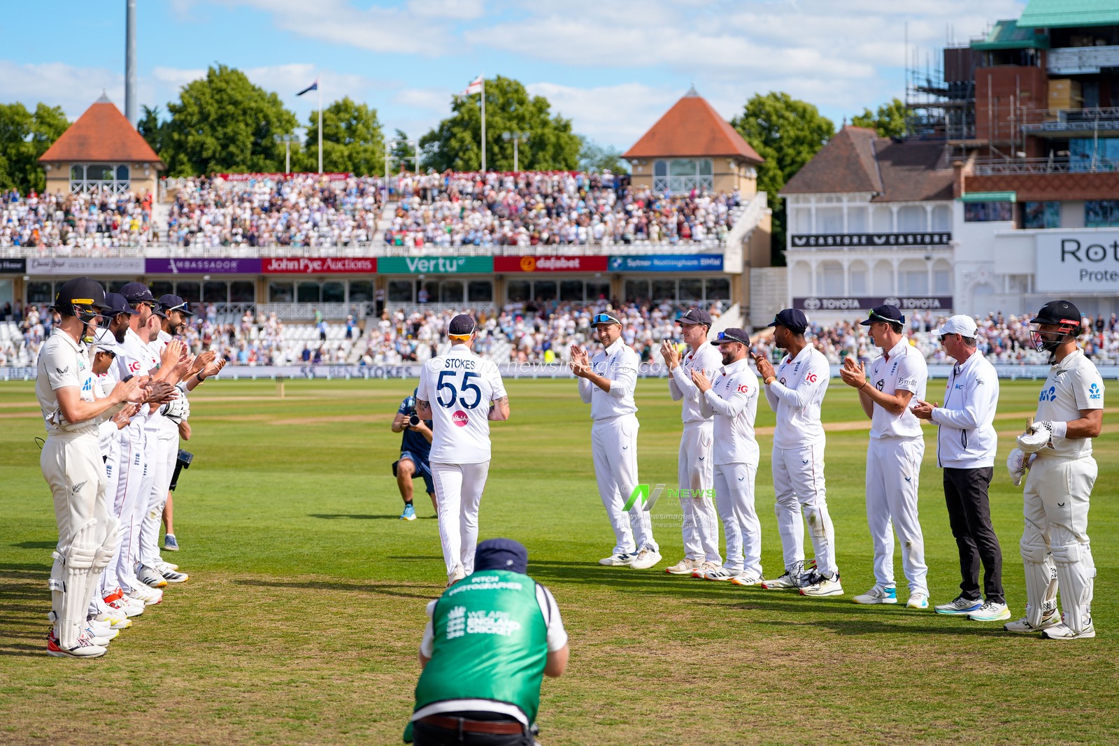 England captain Ben Stokes walks out to a guard of honour from England and New Zealand players after announcing his retirement from international cricket during the 3rd Rothesay Test Match Day 4 match England vs New Zealand at Trent Bridge, Nottingham, United Kingdom on 28 June 2026

(Photo by Maynard Manyowa/News Images)