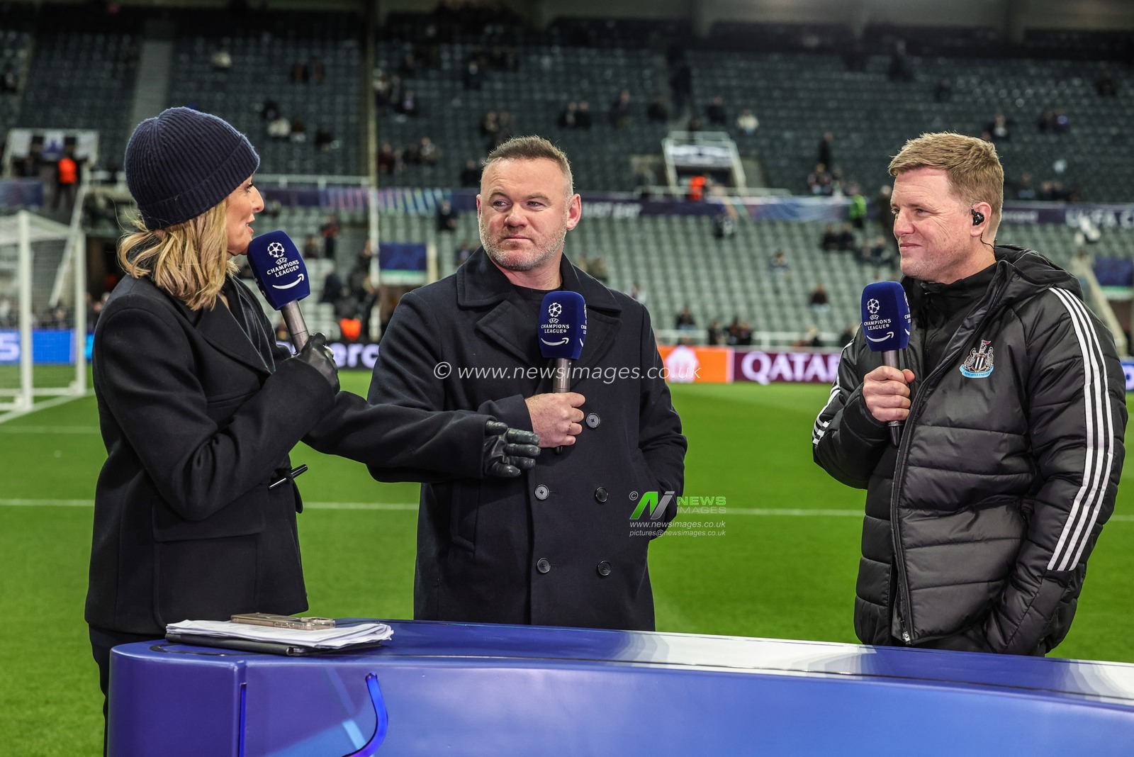 Eddie Howe manager of Newcastle United speaks to Gabby Logan and Wayne Rooney ahead of the UEFA Champions League Last 16 match Newcastle Untied vs Barcelona at St. James's Park, Newcastle, United Kingdom on 10 March 2026

(Photo by Mark Cosgrove/News Images)