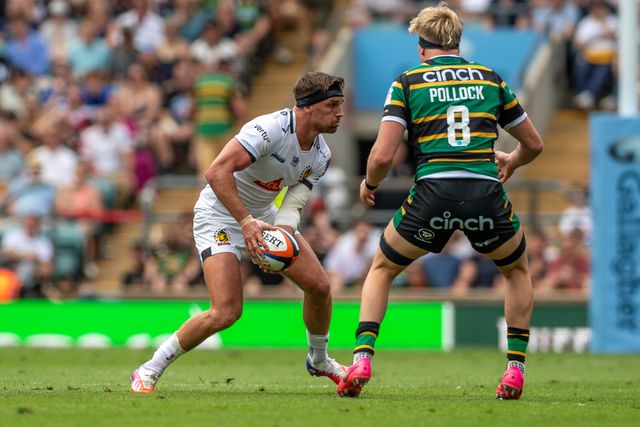 Henry Slade of Exeter Chiefs steps Henry Pollock of Northampton Saints during the Gallagher PREM Final match Northampton Saints vs Exeter Chiefs at Allianz Stadium, Twickenham, United Kingdom on 20 June 2026.

(Photo by Alex Williamson/News Images)