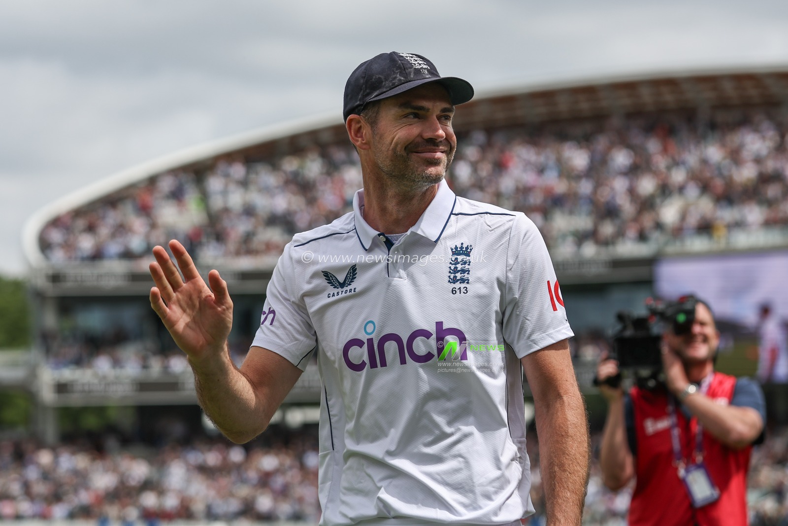 James Anderson of England waves to the fans for the last time during the Rothesay First Test Match Day Three England v West Indies at Lords, London, United Kingdom, 12th July 2024

(Photo by Mark Cosgrove/News Images)