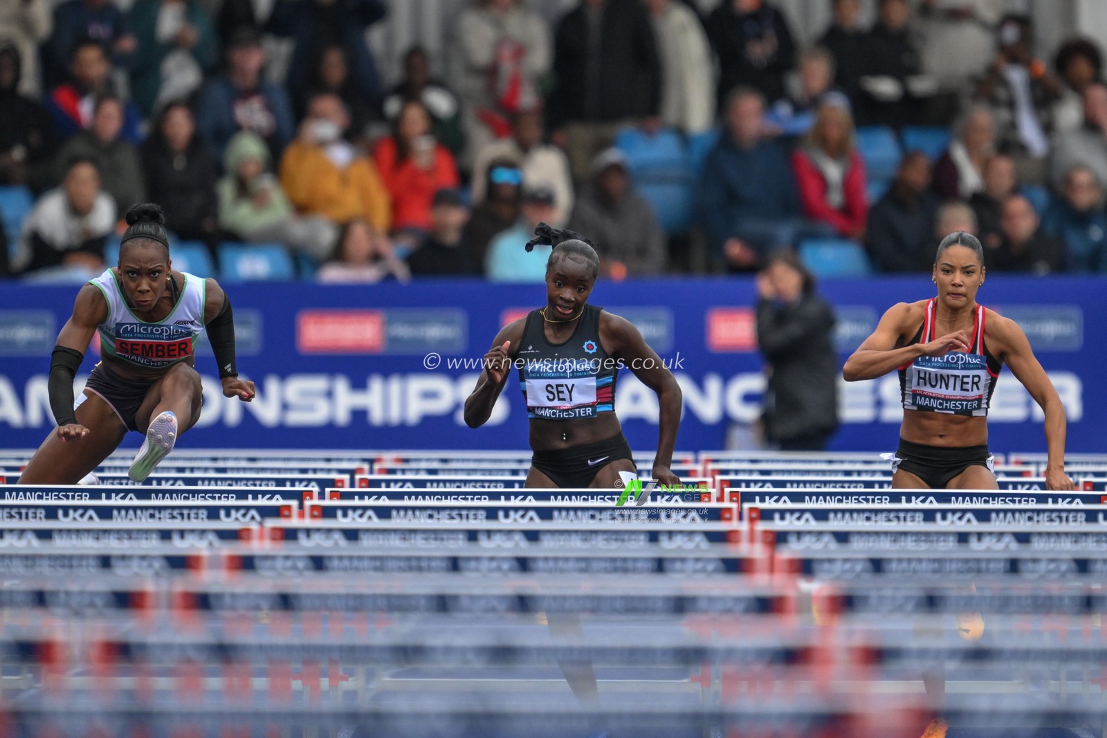 Sember wins the hurdles during the Microplus UK Athletics Championships Day 1 at Manchester Regional Arena, Manchester, United Kingdom, 29th June 2024

(Photo by Craig Thomas/News Images)