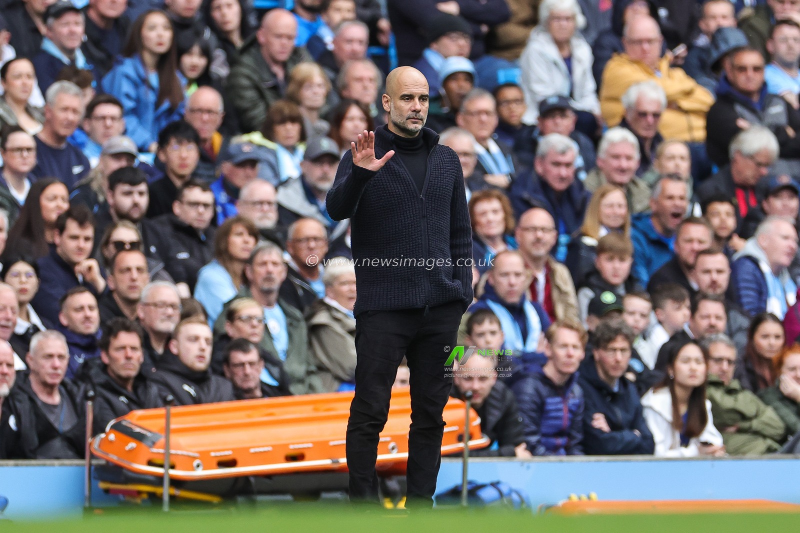 Pep Guardiola Manager of Manchester City gives his team instructions during the Premier League match Manchester City vs Leeds United at Etihad Stadium, Manchester, United Kingdom, 6th May 2023

(Photo by Mark Cosgrove/News Images)