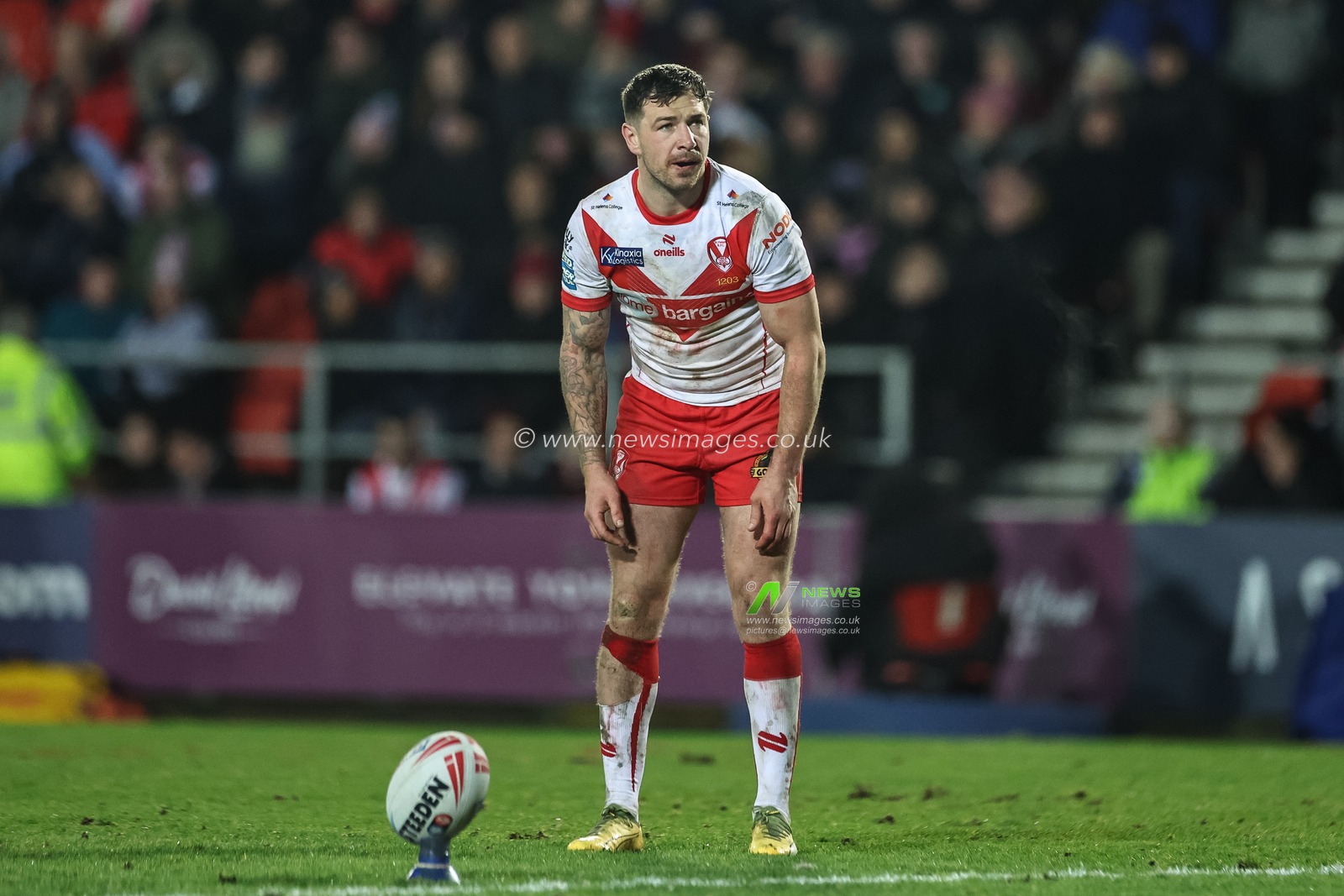 Mark Percival of St. Helens converts for a goal during the Betfred Super League Round 3 match St Helens vs Leigh Leopards at Totally Wicked Stadium, St Helens, United Kingdom, 1st March 2024

(Photo by Mark Cosgrove/News Images)