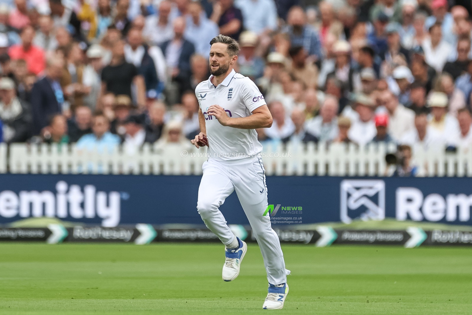 Chris Woakes of England delivers the ball during the 1st Rothesay Test Match day 1 England v West Indies at Lords, London, United Kingdom, 10th July 2024

(Photo by Mark Cosgrove/News Images)
