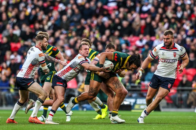 Tino Fa’asuamaleaui of Australia is tackled during the The Ashes Series 2025 England vs Australia at Wembley Stadium, London, United Kingdom, 25th October 2025

(Photo by Alfie Cosgrove/News Images)