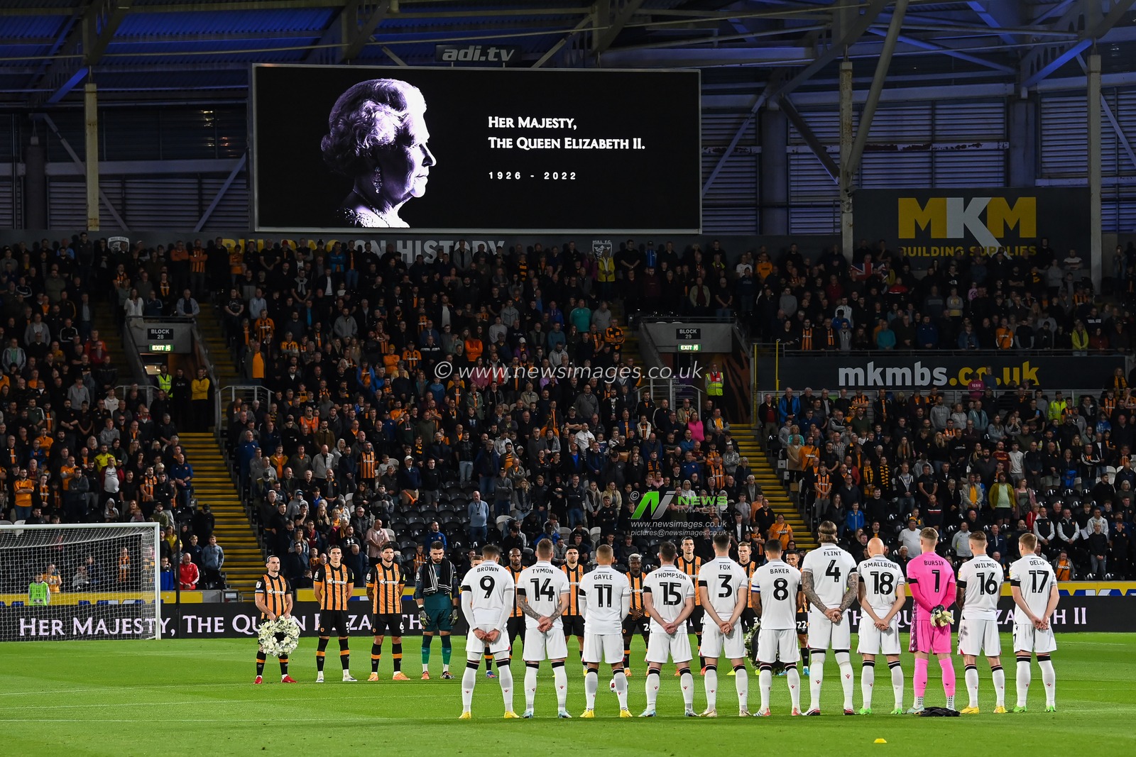 A minutes silence is held as a tribute to Her Majesty The Queen Elizabeth II before the Sky Bet Championship match Hull City vs Stoke City at MKM Stadium, Hull, United Kingdom, 13th September 2022

(Photo by Craig Thomas/News Images)