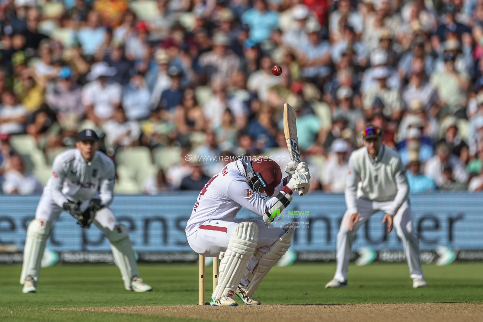 Gudakesh Motie of West Indies ducks a bouncer from Chris Woakes of England during the 3rd Rothesay Test Match Day One match England vs West Indies at Edgbaston, Birmingham, United Kingdom, 26th July 2024

(Photo by Mark Cosgrove/News Images)