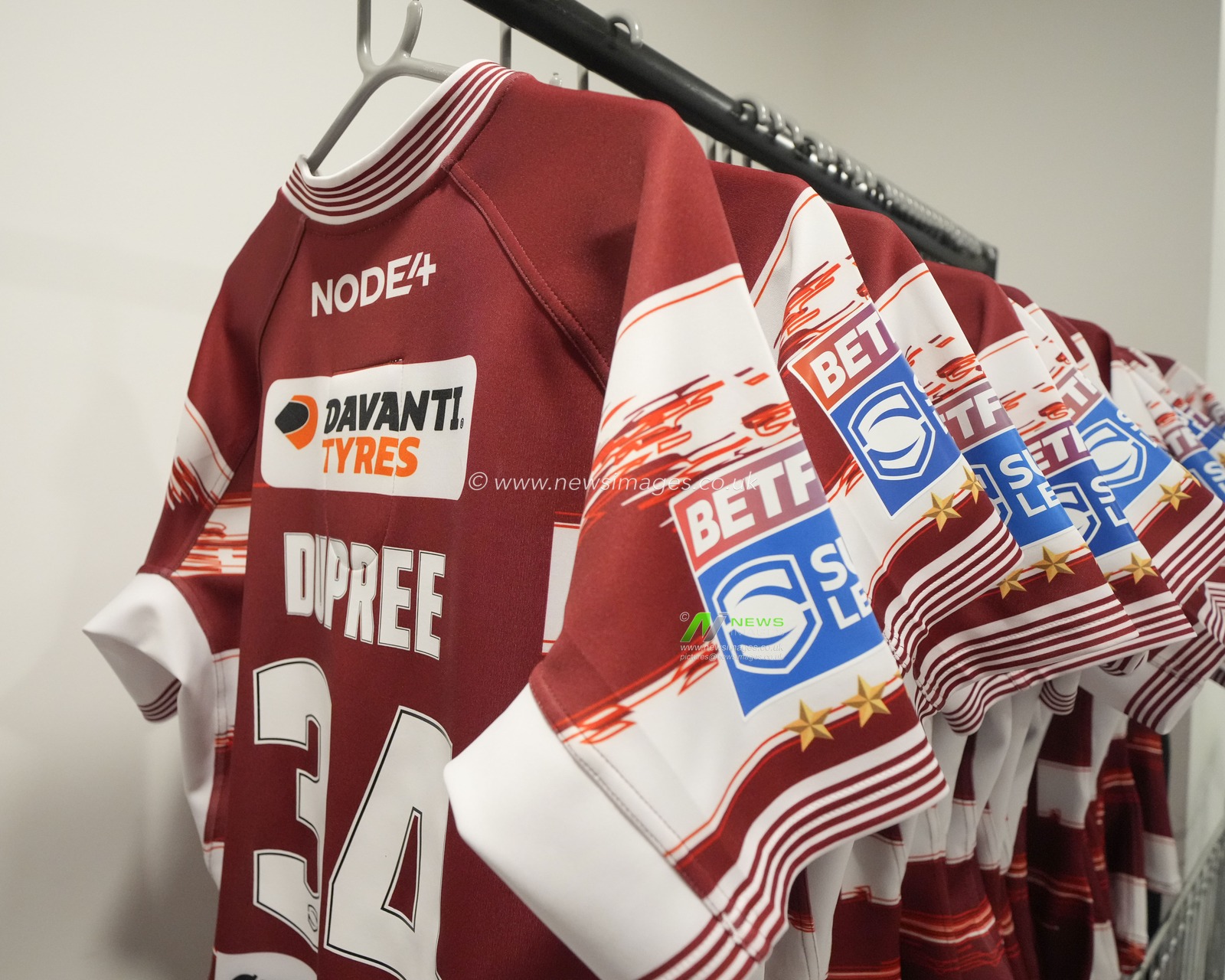 A general view of Wigan Warriors match shirts inside the DW Stadium Stadium before the Betfred Super League Semi Final match Wigan Warriors vs Hull KR at DW Stadium, Wigan, United Kingdom, 7th October 2023

(Photo by Steve Flynn/News Images)