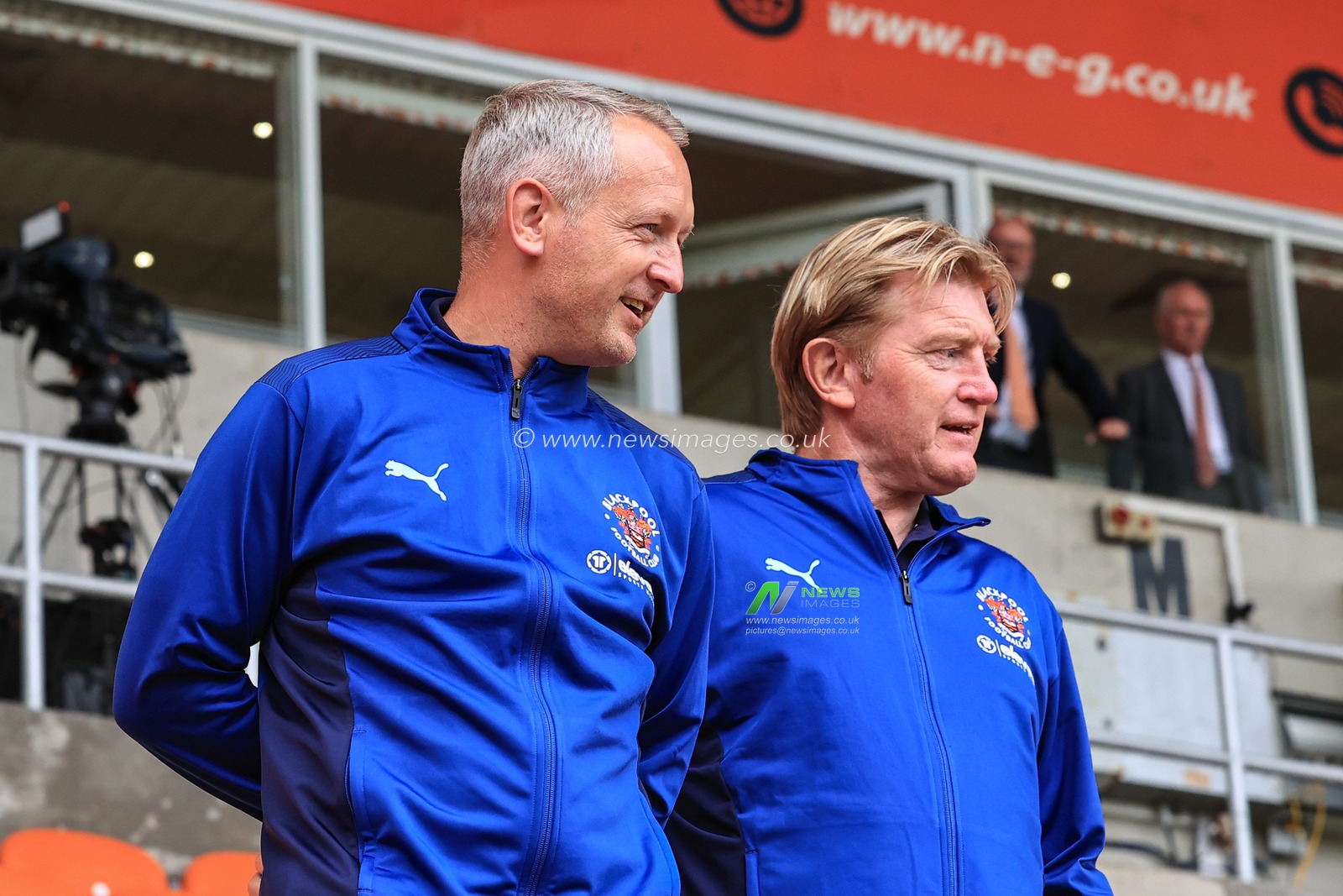 Neil Critchley Head Coach of Blackpool and Stuart McCall Assistant head coach of Blackpool arrive at Bloomfield Road