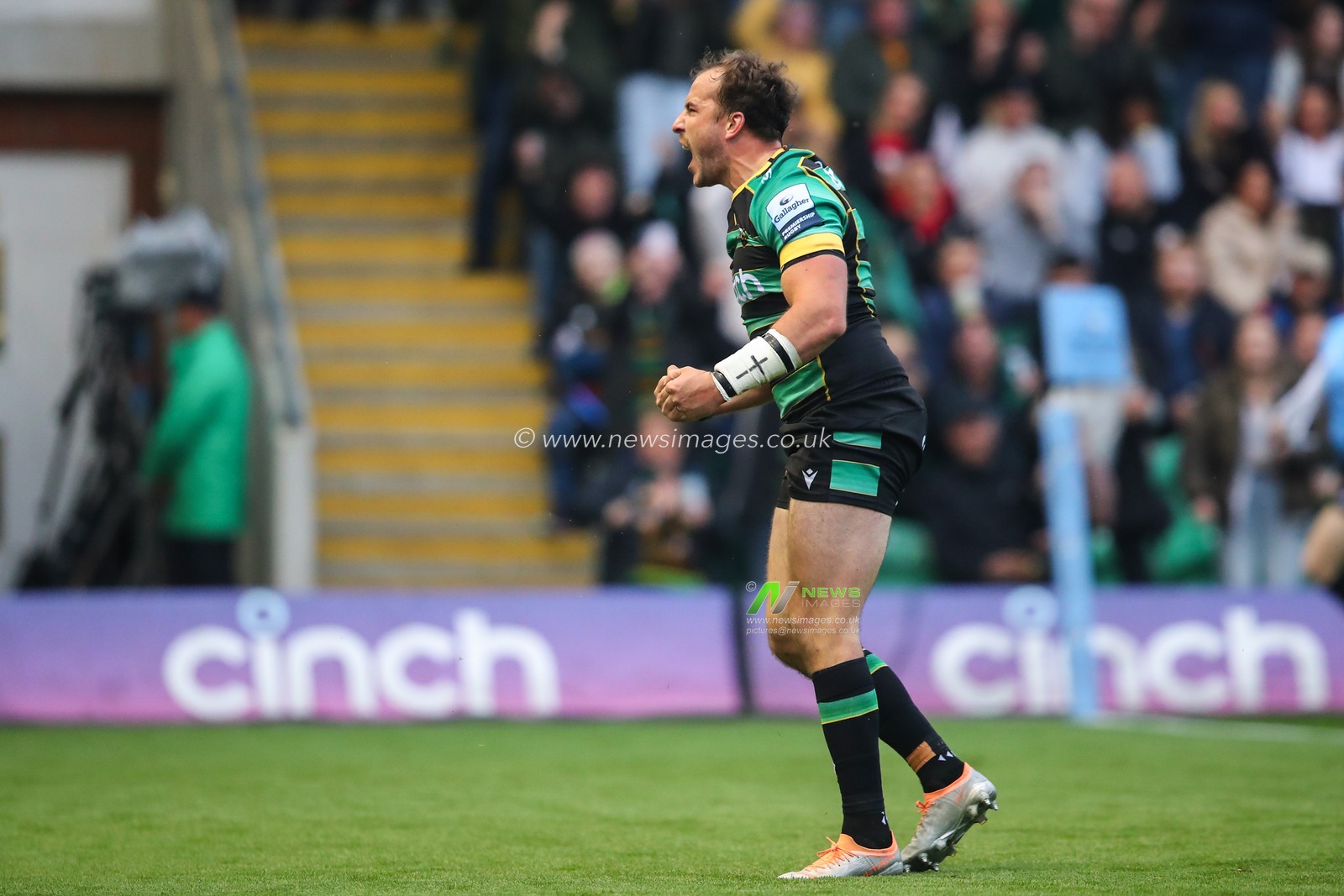 Burger Odendaal of Northampton Saints celebrates his try during the Gallagher Premiership Play-off Semi-final match Northampton Saints vs Saracens at Cinch Stadium at Franklin's Gardens, Northampton, United Kingdom, 31st May 2024

(Photo by Gareth Evans/News Images)