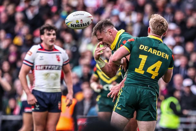 Angus Crichton of Australia goes over for a try during the The Ashes Series 2025 England vs Australia at Wembley Stadium, London, United Kingdom, 25th October 2025

(Photo by Alfie Cosgrove/News Images)