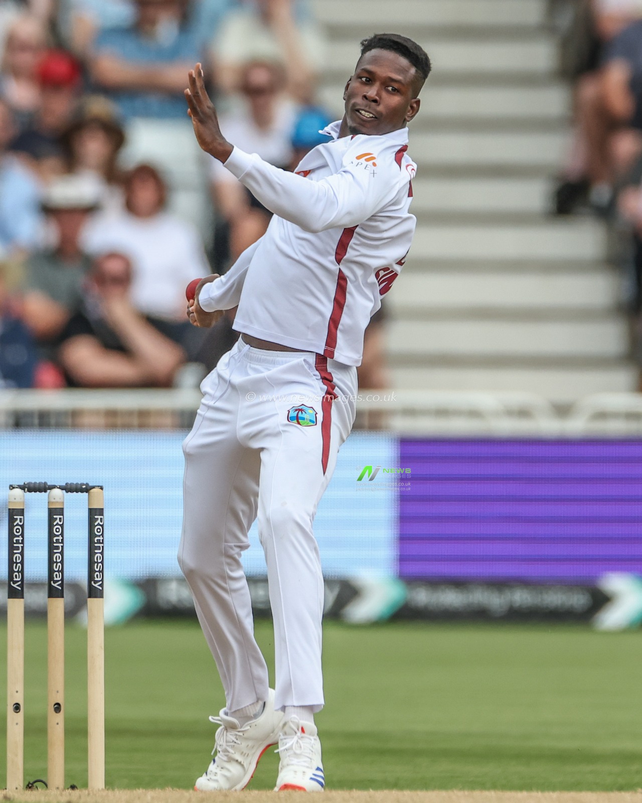 Kavem Hodge of West Indies delivers the ball during the Rothesay Test Match day four match England vs West Indies at Trent Bridge, Nottingham, United Kingdom, 21st July 2024

(Photo by Mark Cosgrove/News Images)