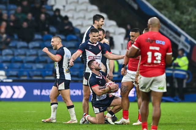 England players celebrate at the end of the Rugby League International match England vs Tonga at John Smith's Stadium, Huddersfield, United Kingdom, 28th October 2023

(Photo by Craig Thomas/News Images)