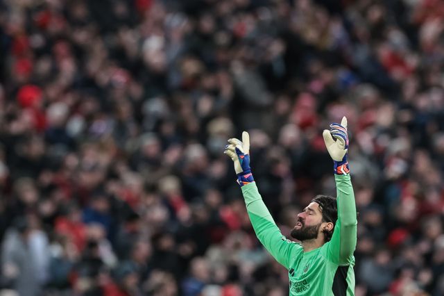 Alisson Becker of Liverpool celebrates a goal during the Premier League match Liverpool vs Wolverhampton Wanderers at Anfield, Liverpool, United Kingdom, 27th December 2025

(Photo by Mark Cosgrove/News Images)

*** GER AUT SUI OUT ***