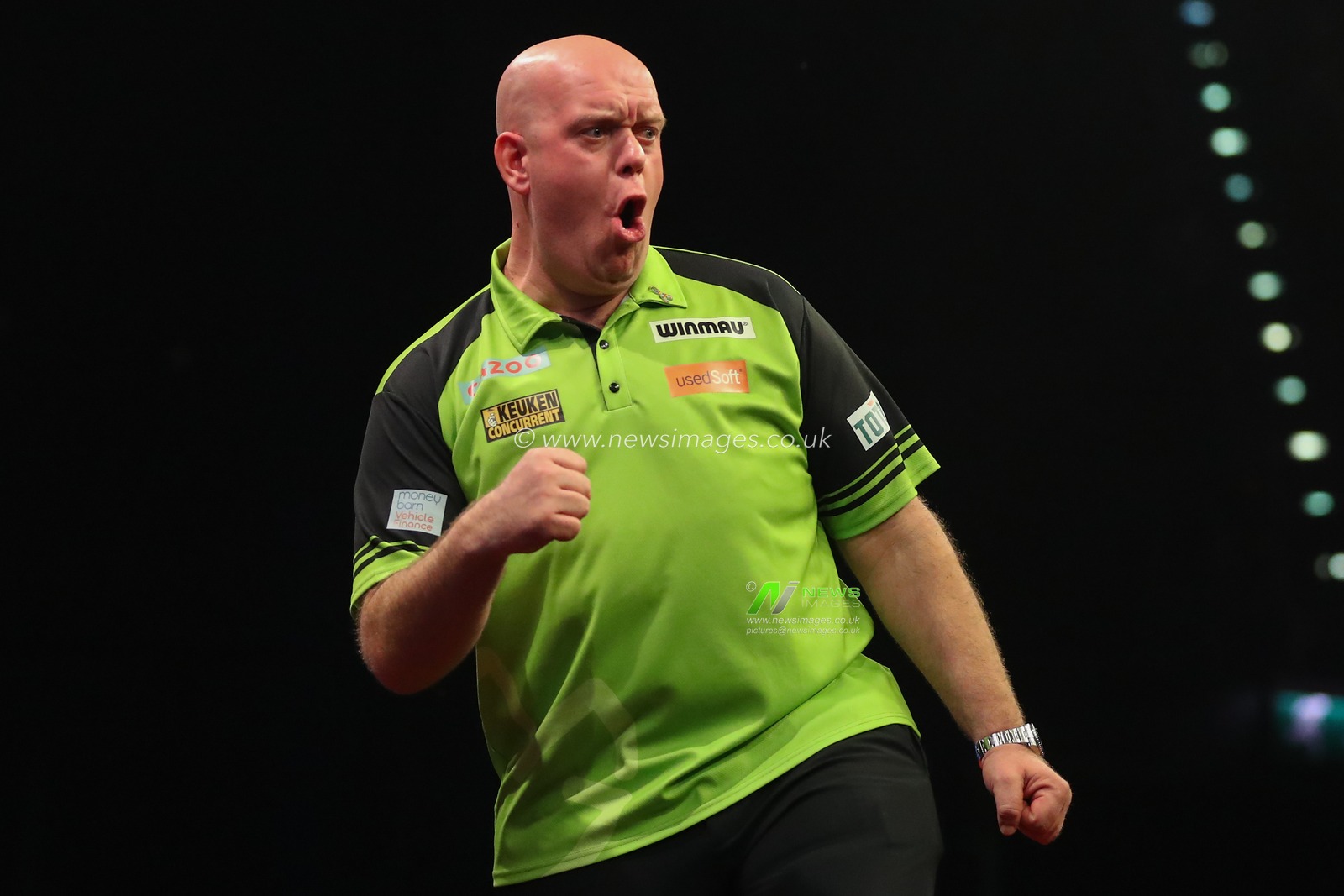 Michael Van Gerwen celebrates winning a leg during the 2023 Cazoo PDC Premier League Darts Night 10 at Utilita Arena Birmingham, Birmingham, United Kingdom, 6th April 2023

(Photo by Gareth Evans/News Images)