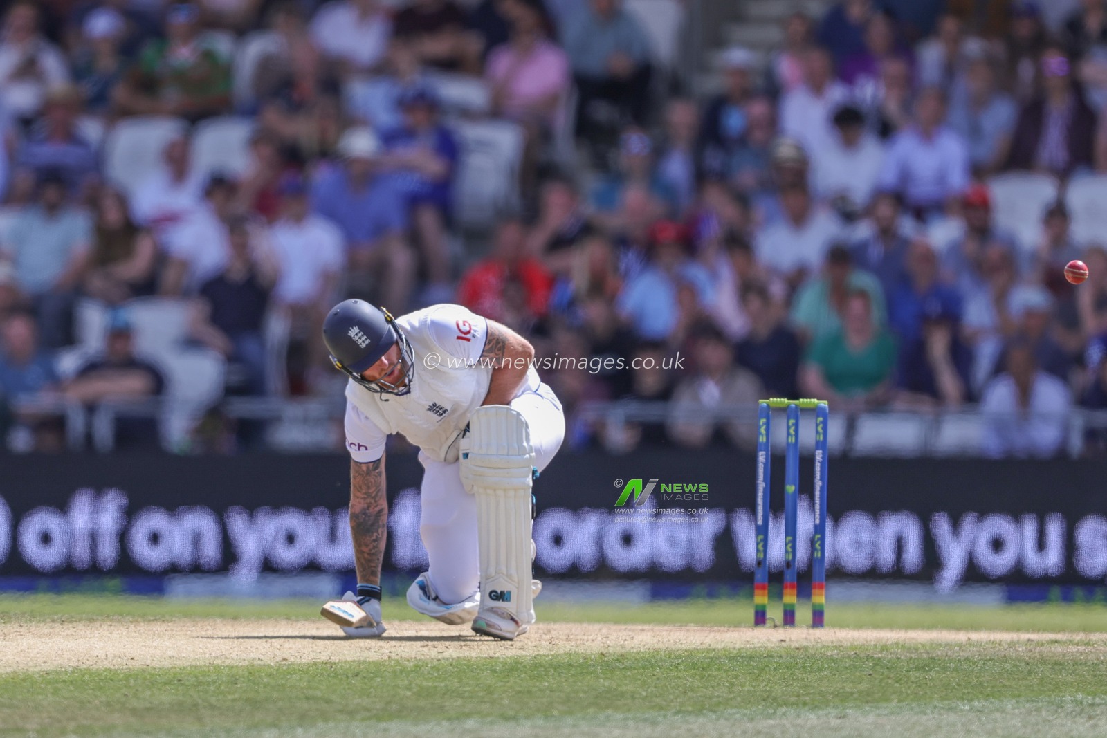 Ben Stokes of England is hit in the groin with the ball during the LV= Insurance Ashes Third Test Series Day 4 England vs Australia at Headingley Stadium, Leeds, United Kingdom, 9th July 2023

(Photo by Mark Cosgrove/News Images)
