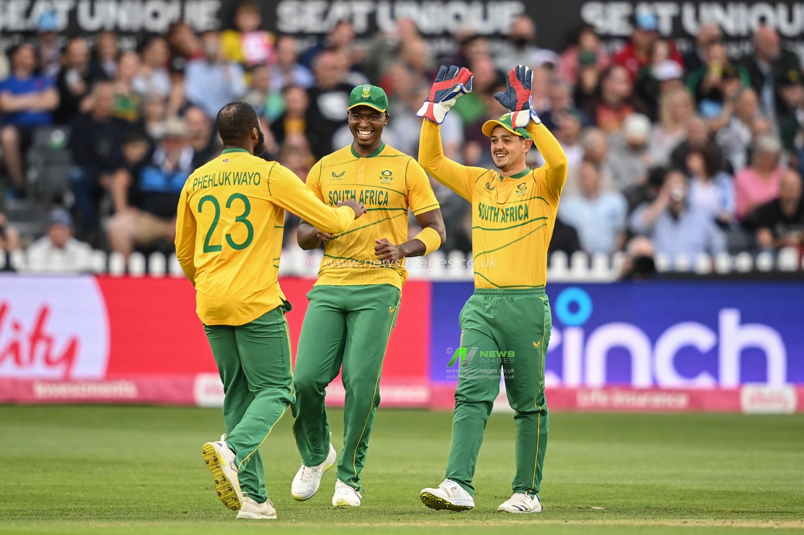 Andile Phehlukwayo of South Africa celebrates the wicket of Dawid Malan