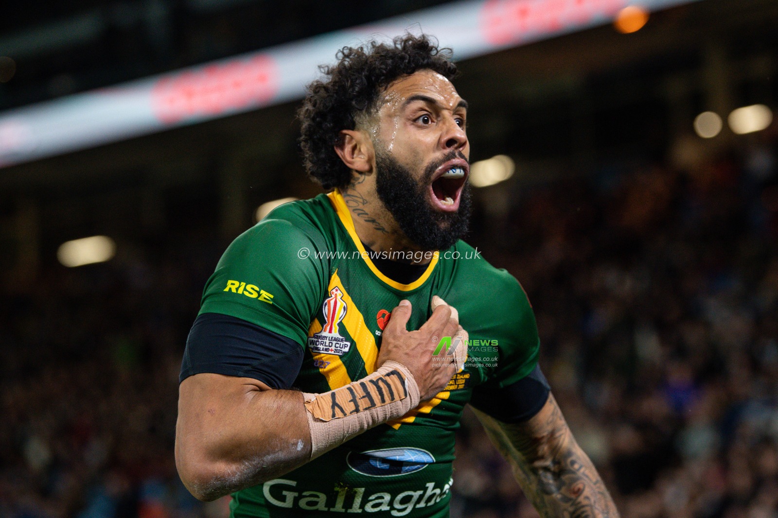 Josh Addo-Carr of Australia celebrates his try during the Rugby League World Cup 2021 Semi Final match Australia vs New Zealand at Elland Road, Leeds, United Kingdom, 11th November 2022

(Photo by Craig Thomas/News Images)