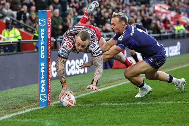 Josh Charnley of Leigh Leopards goes over for a try during the Betfred Super League round 6 match Leigh Leopards vs Toulouse at Leigh Sports Village, Leigh, United Kingdom on 28 March 2026

(Photo by Mark Cosgrove/News Images)