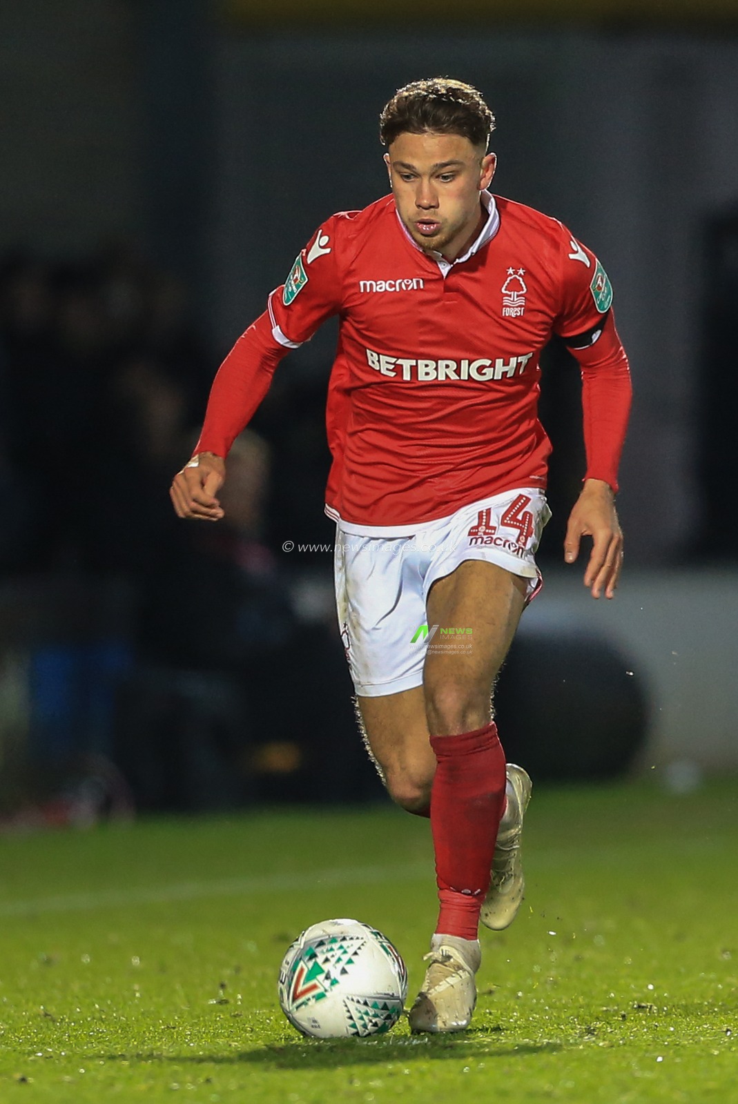 30th October 2018, Pirelli Stadium, Burton upon Trent, England; Carabao EFL Cup, Fourth Round, Burton Albion v Nottingham Forest : Matty Cash (14) of Nottingham Forest with the ball 

Credit: Mark Cosgrove/News Images

English Football League images are subject to DataCo Licence
