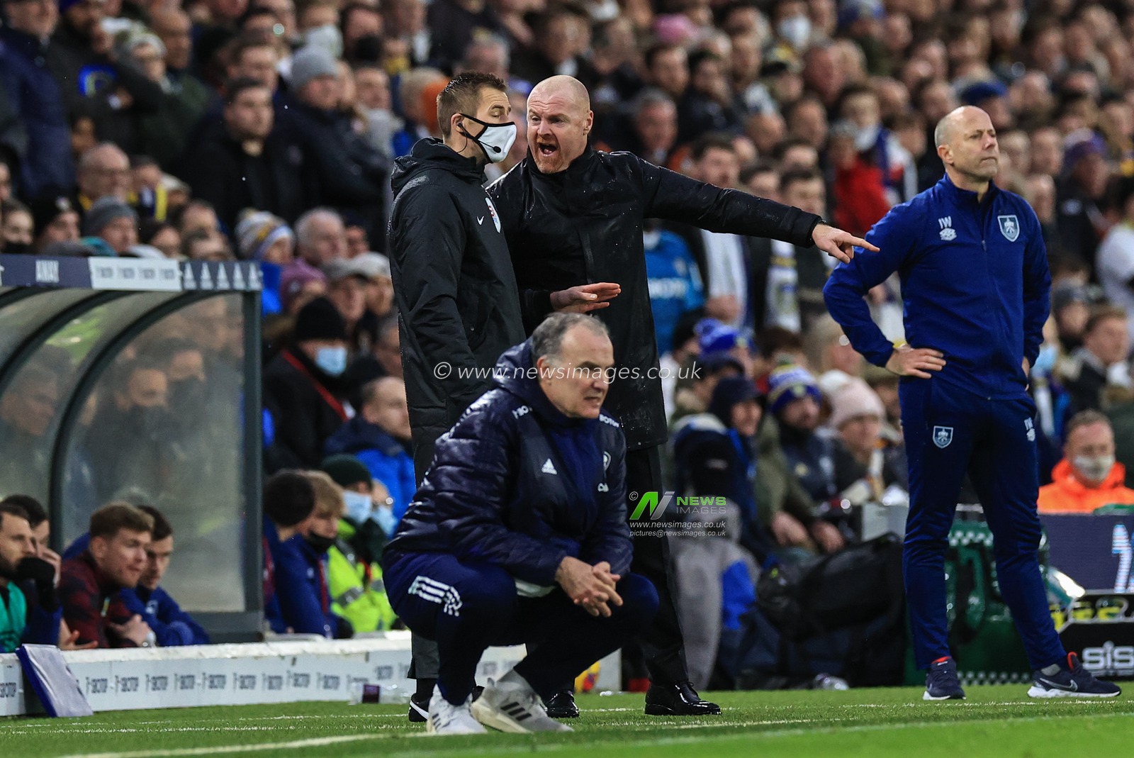Sean Dyche manager of Burnley reacts with the fourth official