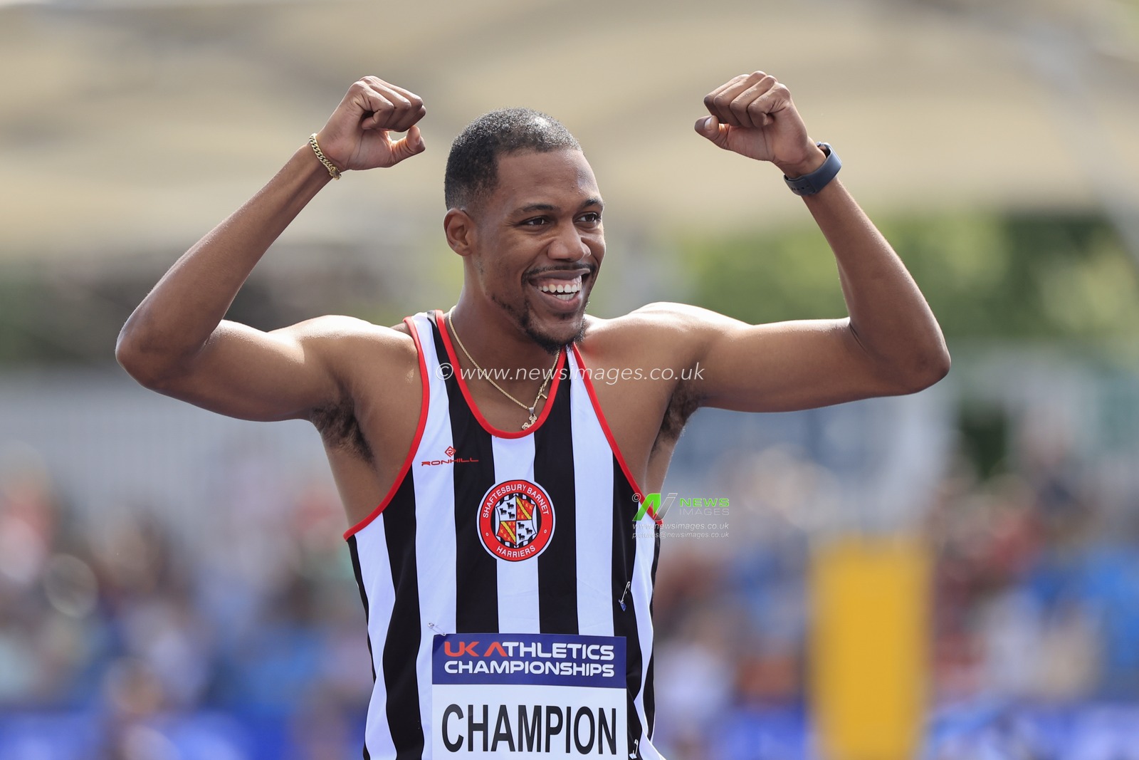 Zharnel Hughes celebrates winning the menâ€™s 200m final during the UK Athletics Championships at Manchester Regional Arena, Manchester, United Kingdom, 9th July 2023

(Photo by Conor Molloy/News Images)