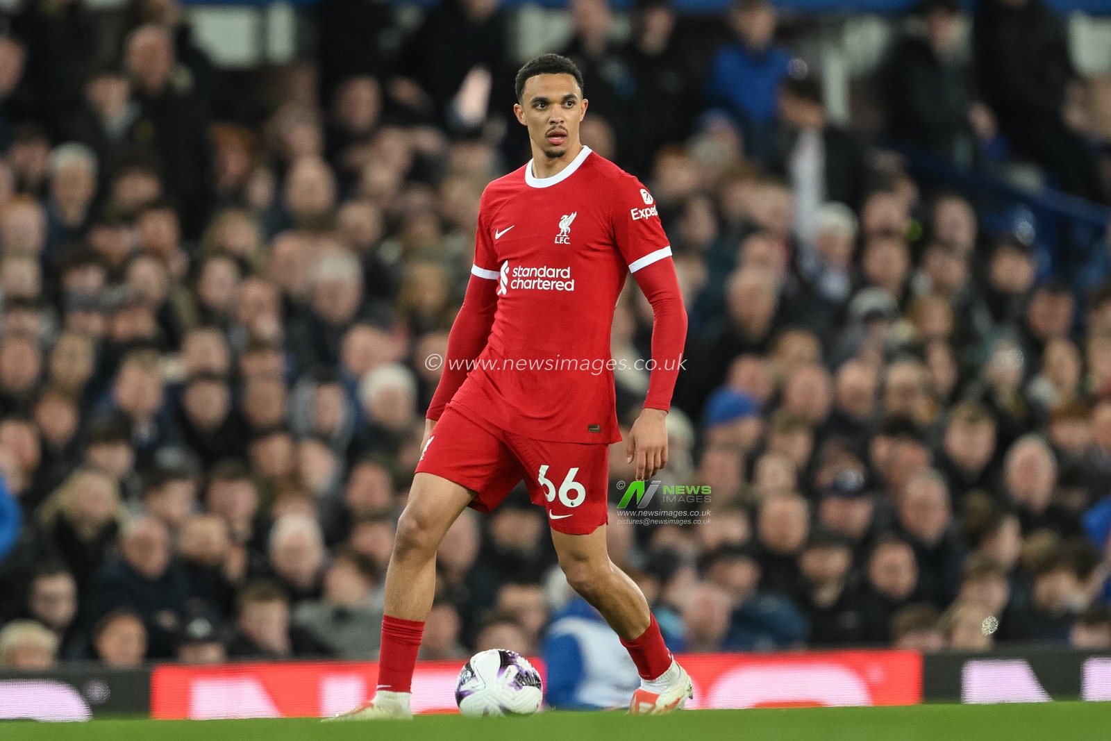 Trent Alexander-Arnold of Liverpool with the ball during the Premier League match Everton vs Liverpool at Goodison Park, Liverpool, United Kingdom, 24th April 2024

(Photo by Craig Thomas/News Images)